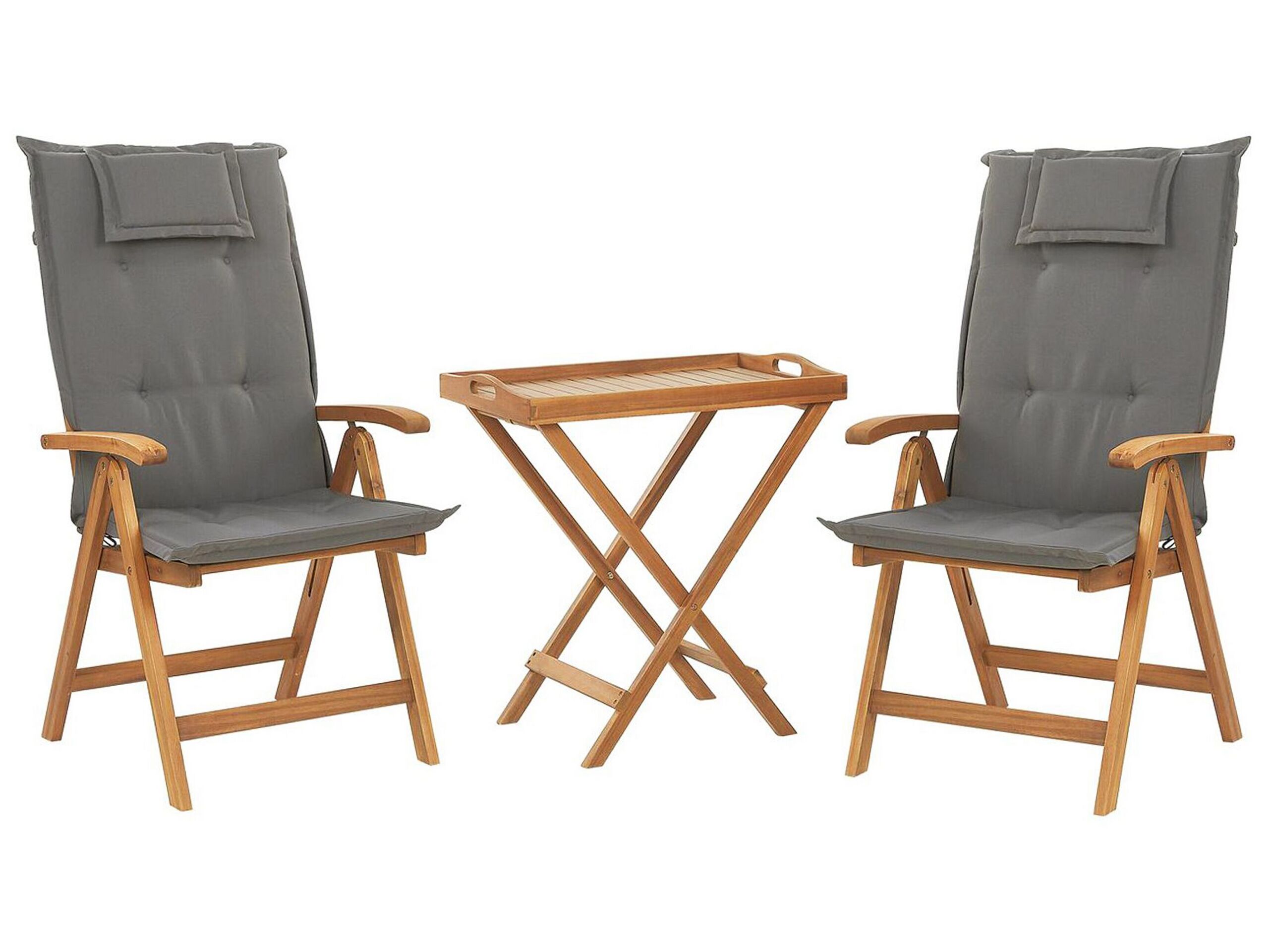Set de terrasse table et 2 chaises pliantes en bois coussins gris