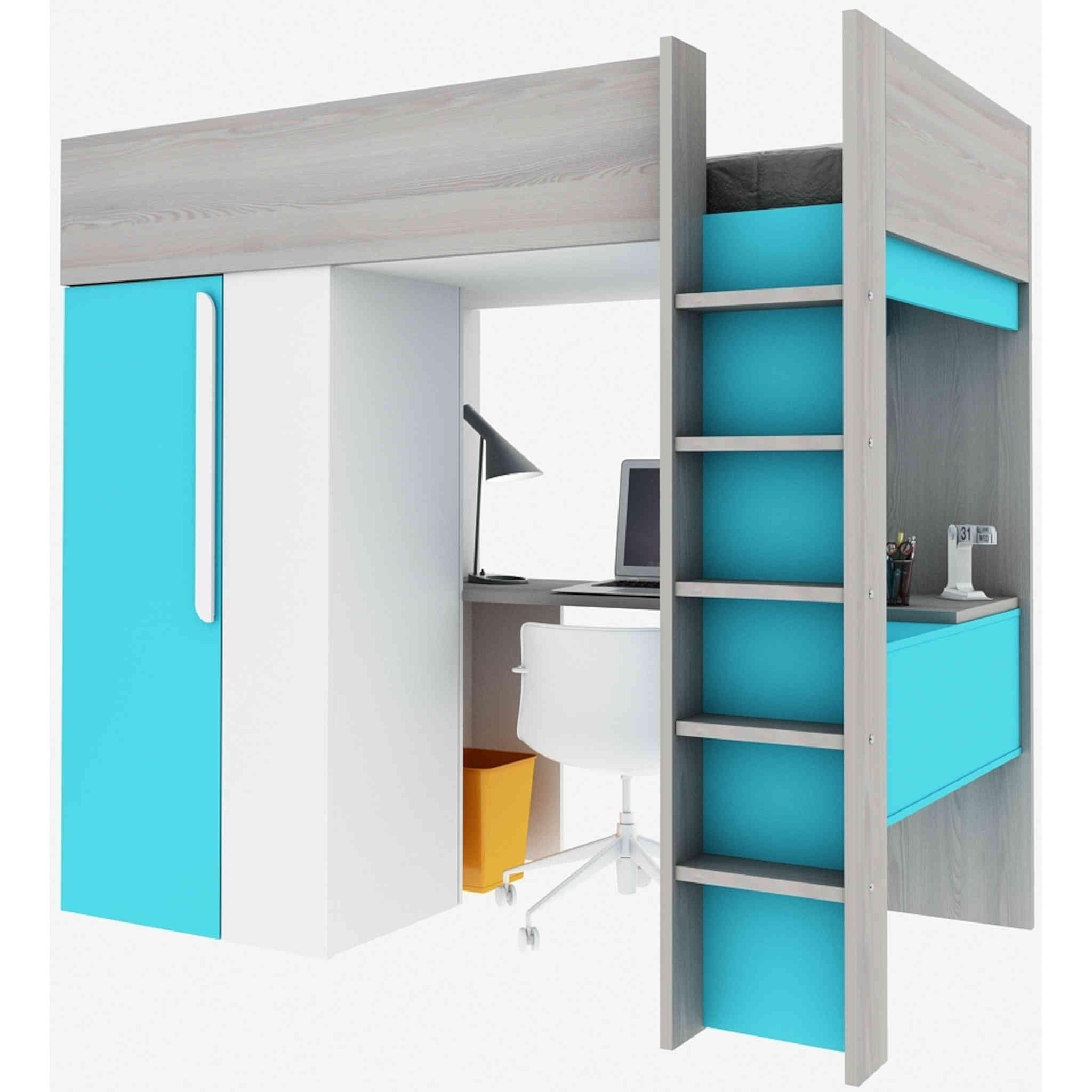 Lit mezzanine 90x200 avec armoire intégrée en bois bleu