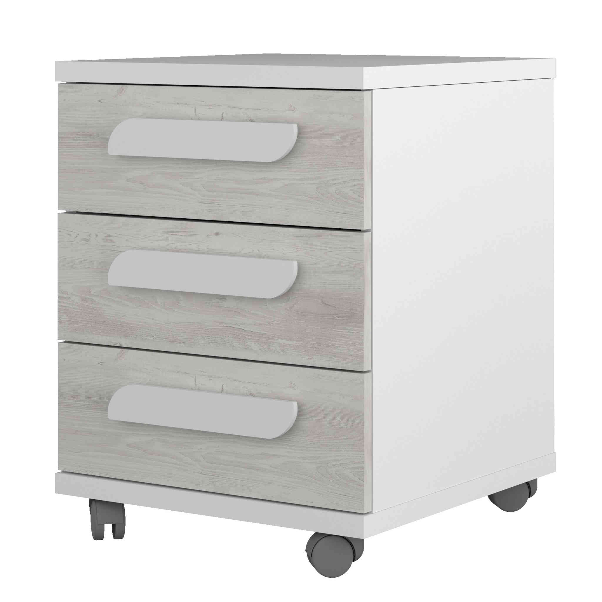 table de chevet 3 tiroirs à roulettes en bois blanc et gris clair