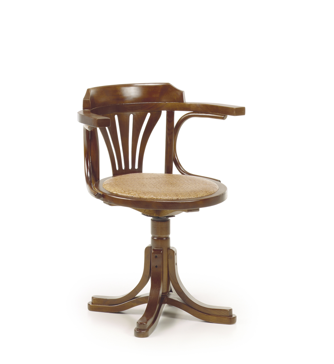 Chaise rotative en bois de chêne marron et rotin beige
