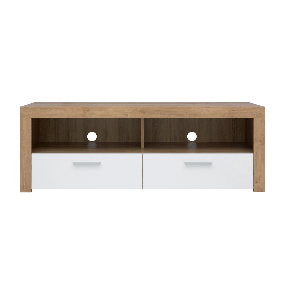 Meuble TV 2 tiroirs stratifiés blanc et bois