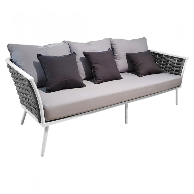Canapé bas de jardin 3 places en aluminium blanc, tressage gris