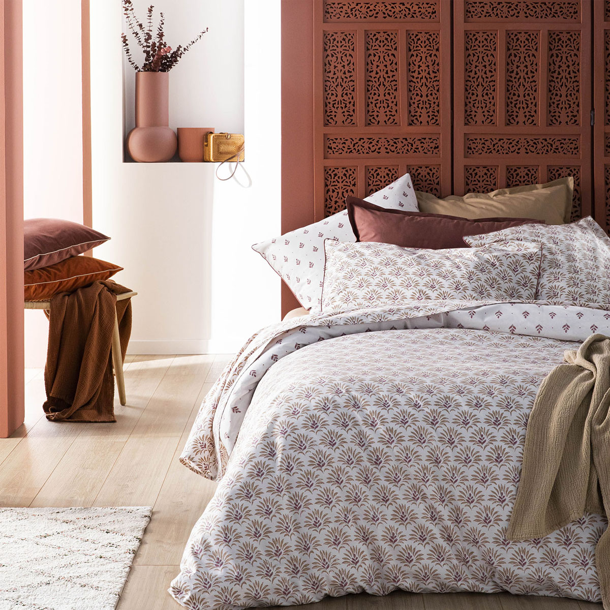 Housse de couette en percale de coton rose et beige 200x200 Housse de couette en percale de coton rose et beige 200x200