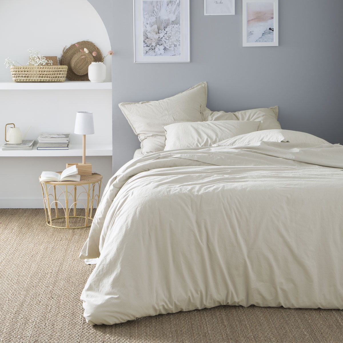 Housse de couette en coton lavé beige 200x200 Housse de couette en coton lavé beige 200x200