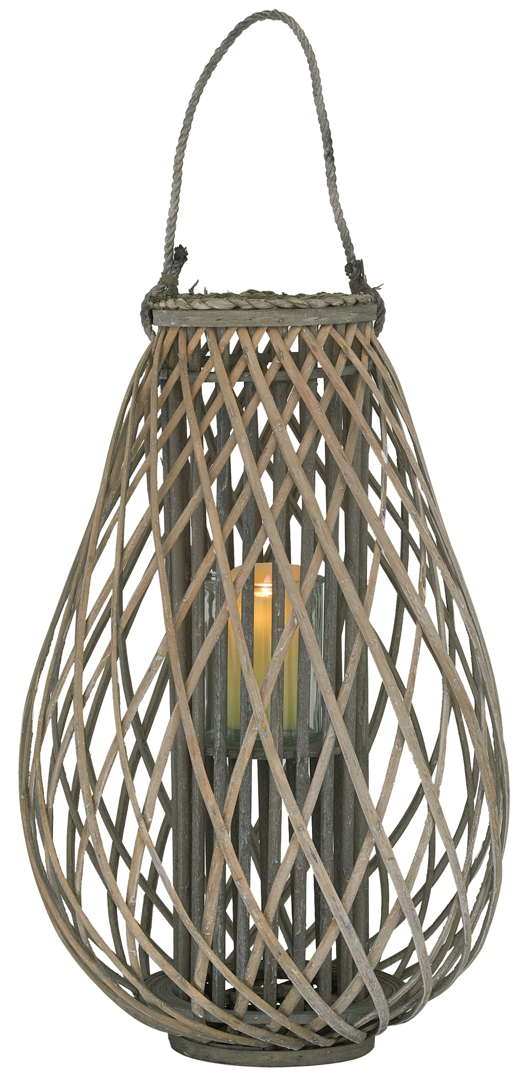 Lanterne goutte en osier gris et verre hauteur 65 cm