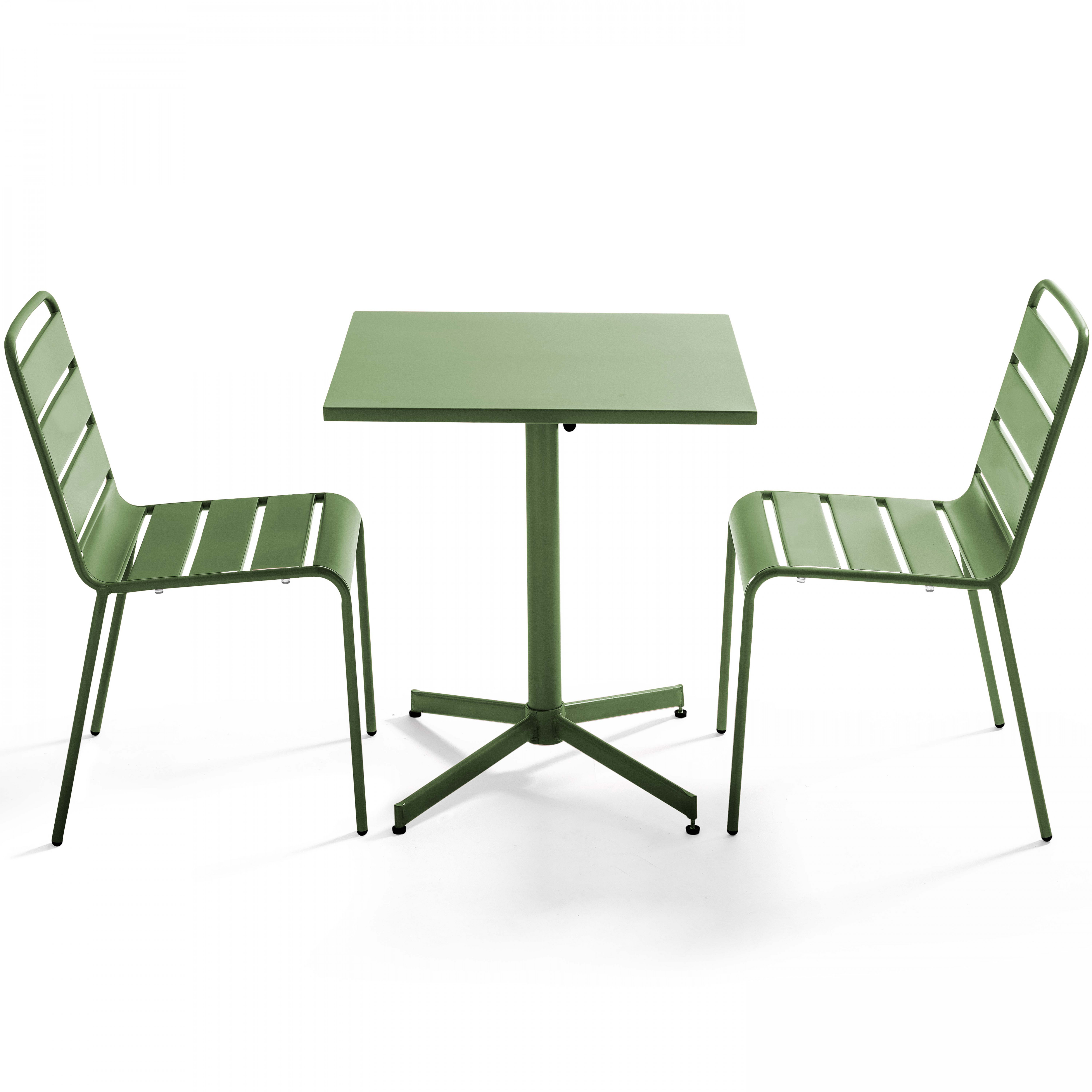 Table de jardin carrée inclinable et 2 chaises en métal vert
