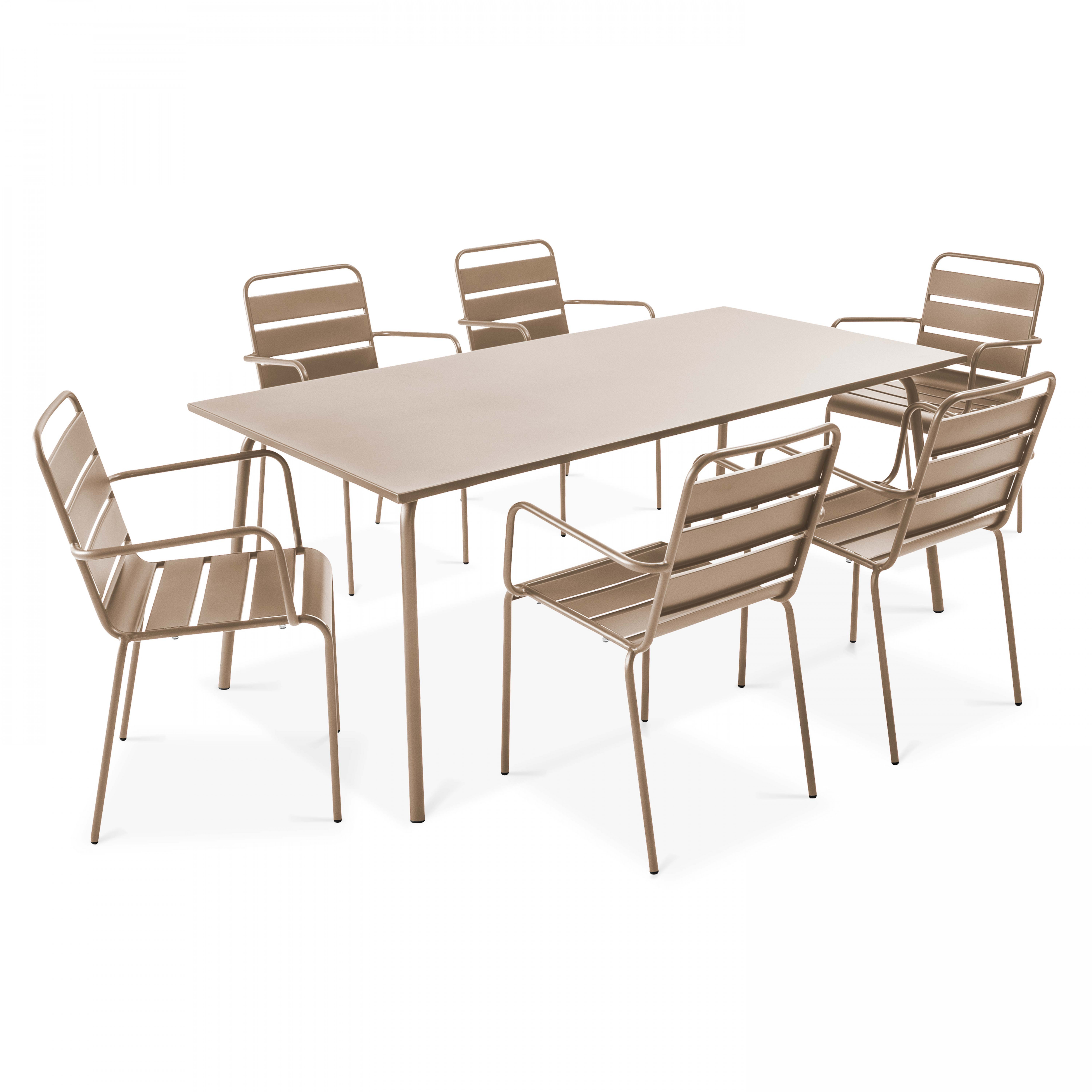Ensemble table de jardin et 6 fauteuils en métal taupe