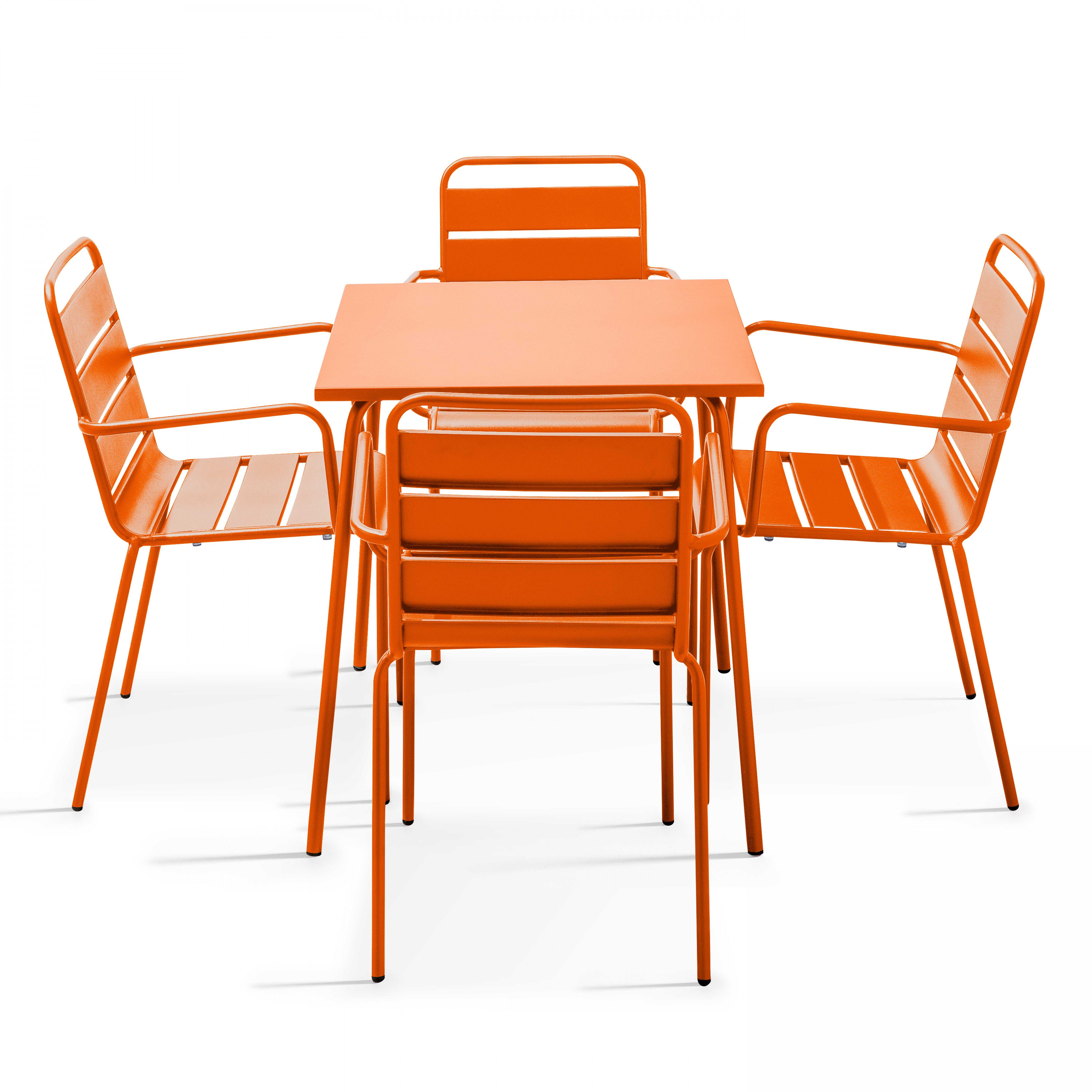 Table de jardin carrée et 4 fauteuils acier orange