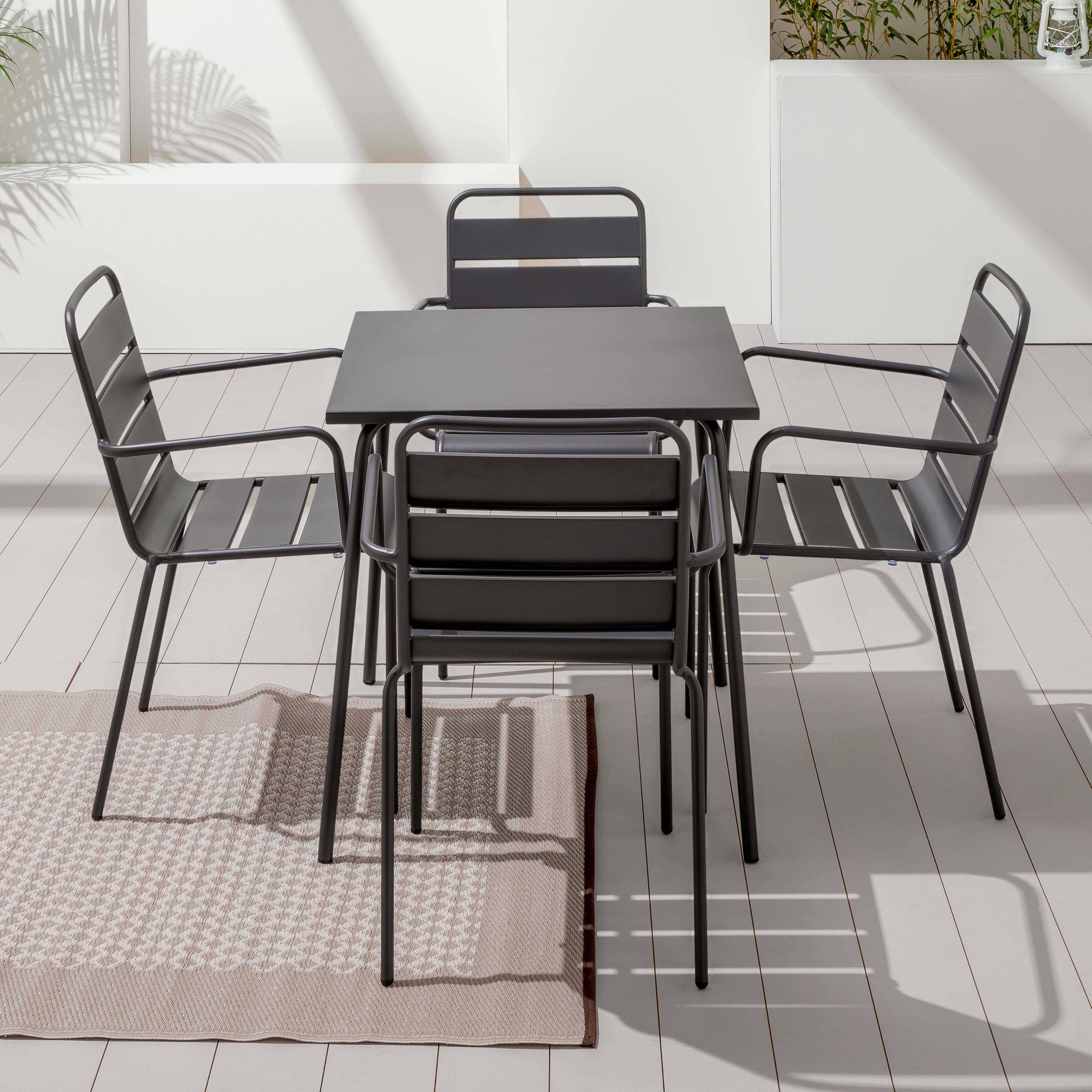 Table de jardin carrée et 4 fauteuils acier gris