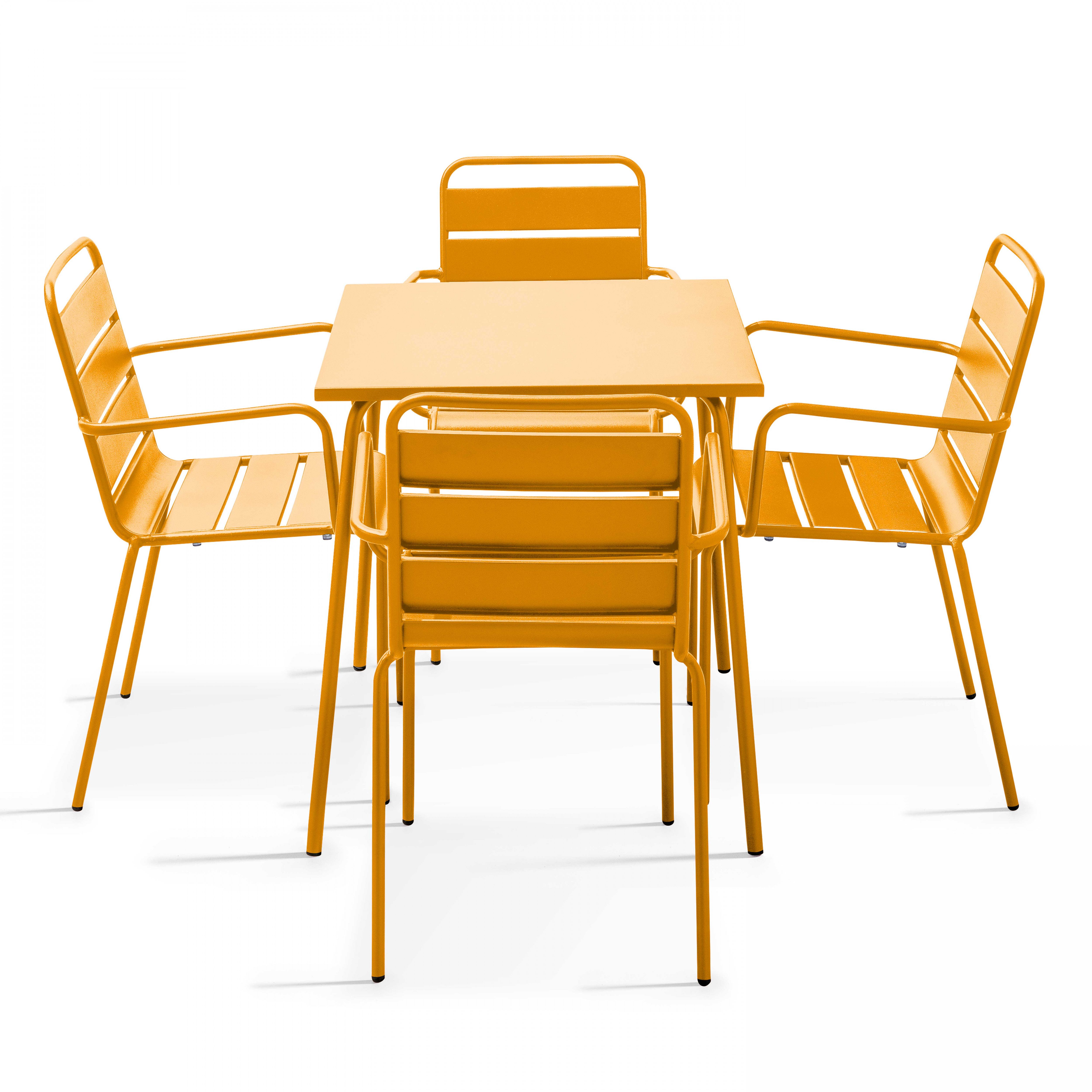 Table carrée et 4 fauteuils en acier jaune