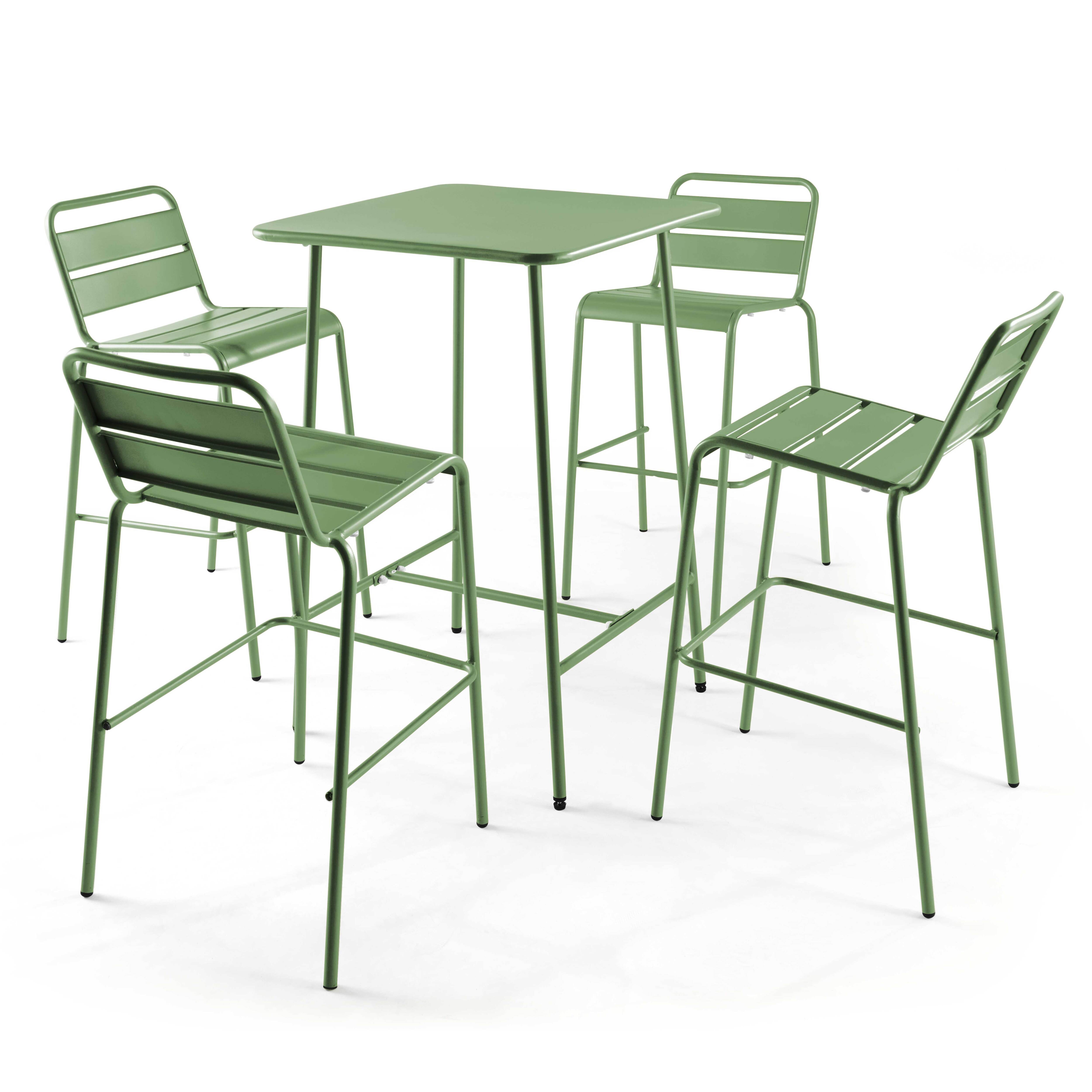 Ensemble table de bar et 4 chaises hautes en métal vert cactus