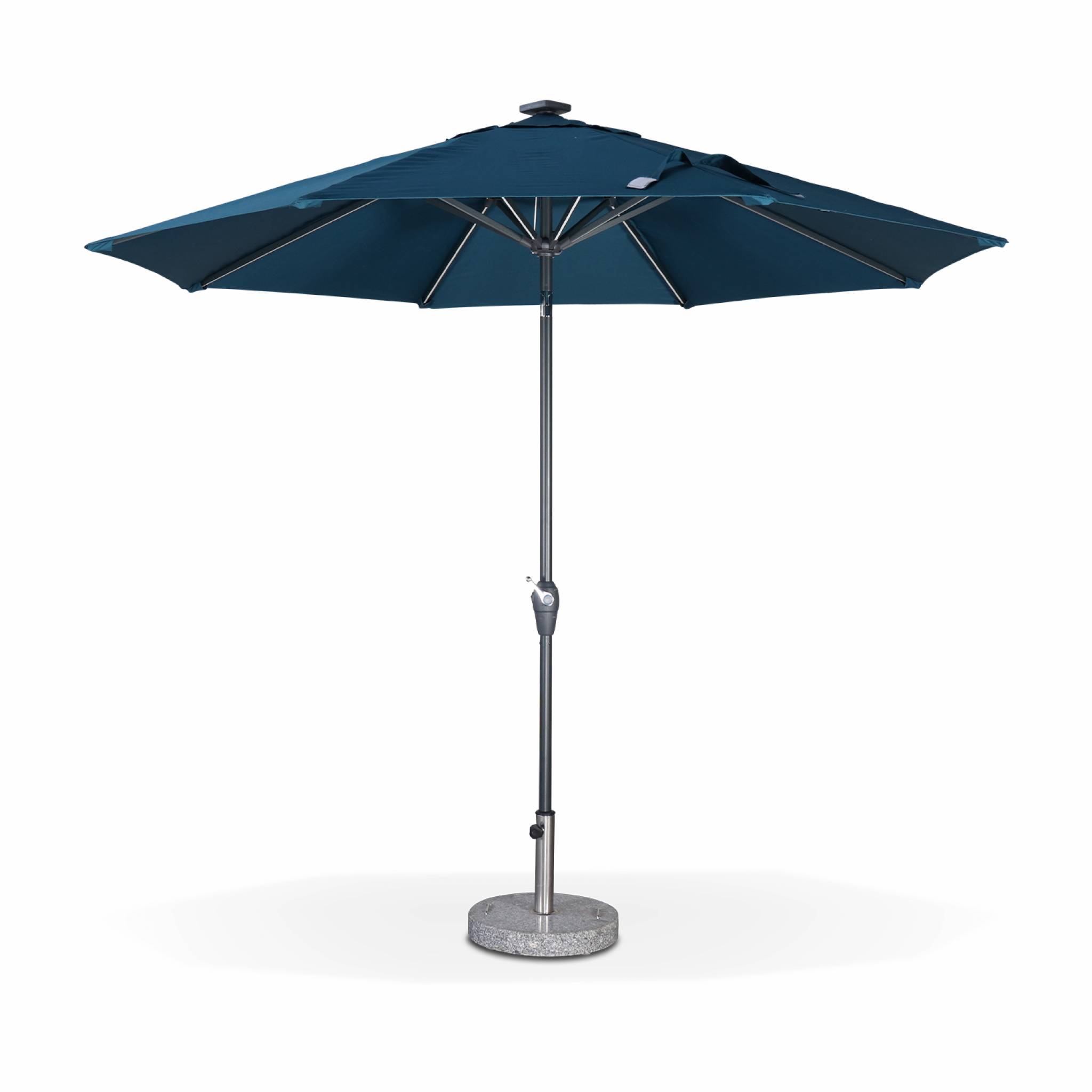 Parasol led D 2,7m helios bleu canard, mât central, lumière intégrée Parasol led D 2,7m helios bleu canard, mât central, lumière intégrée