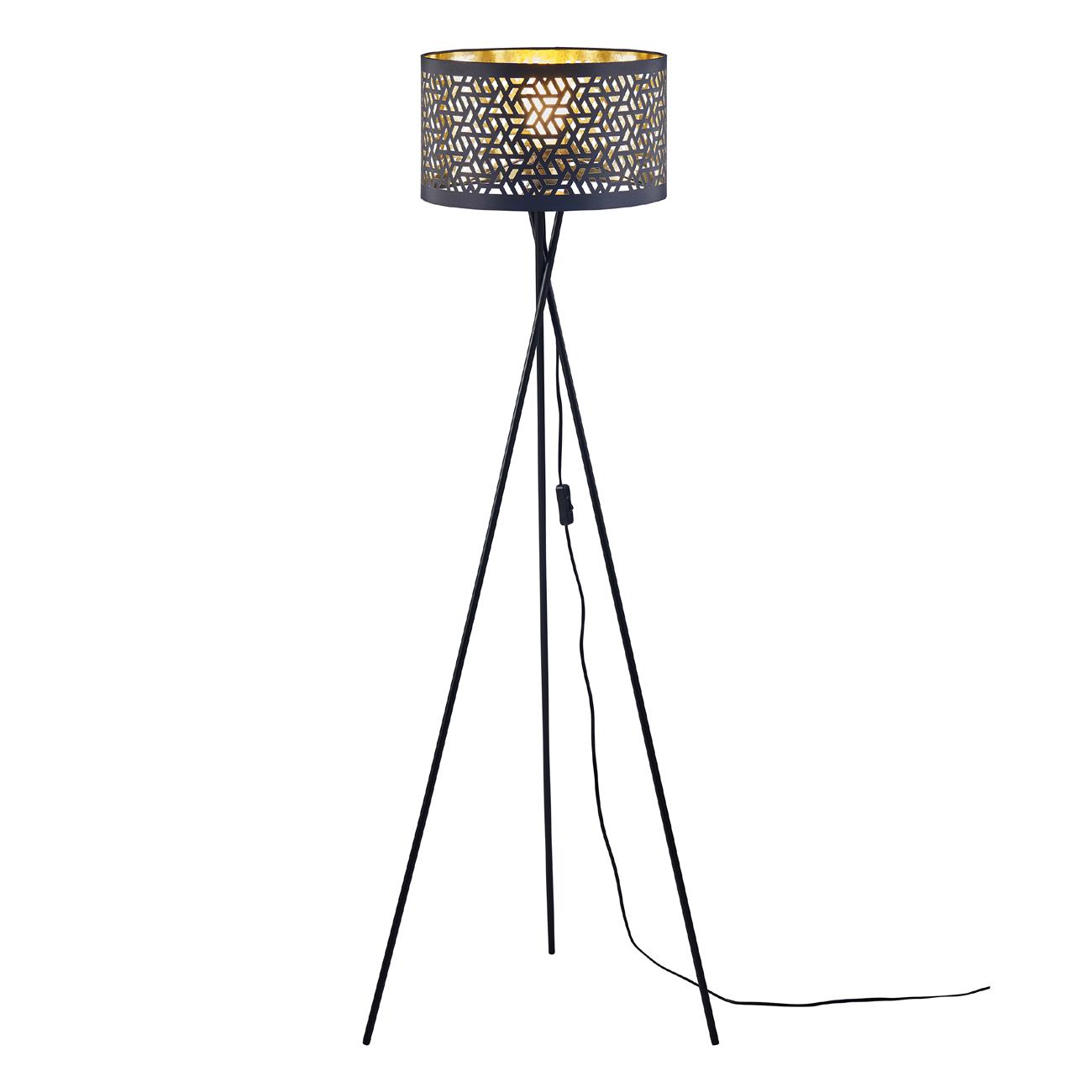 Lampadaire abat jour tissu noir et doré pieds métal Lampadaire abat jour tissu noir et doré pieds métal