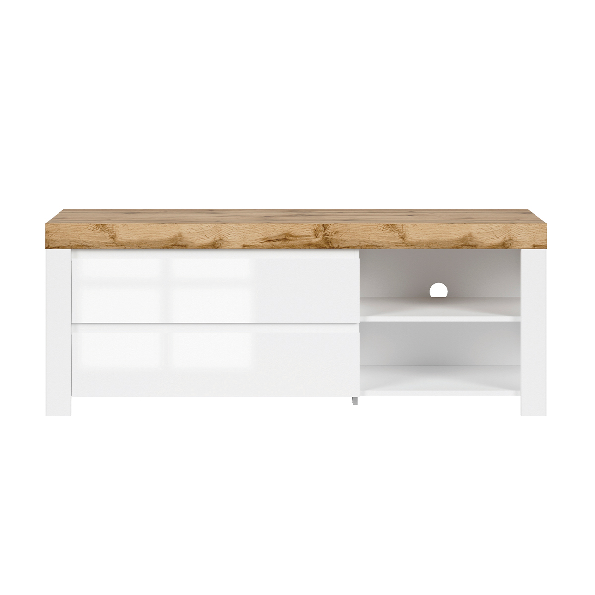 Meuble TV 2 tiroirs 156 cm stratifiés blanc et bois