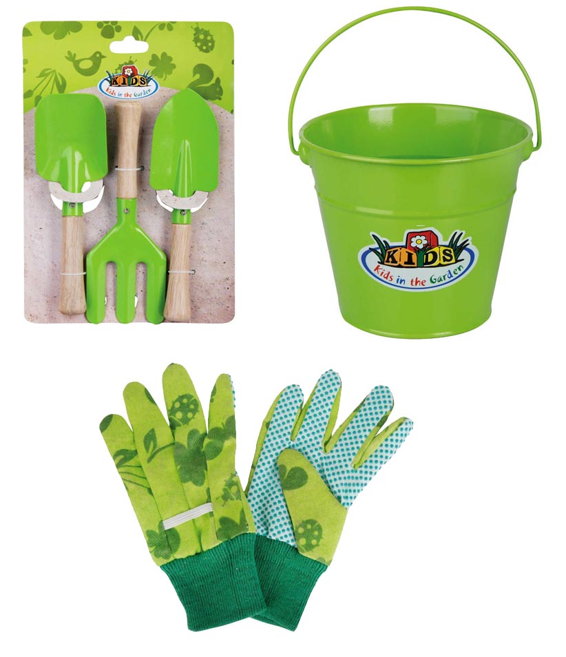 Kit petit jardinier accessoires pour enfant en métal seau + gants + pe