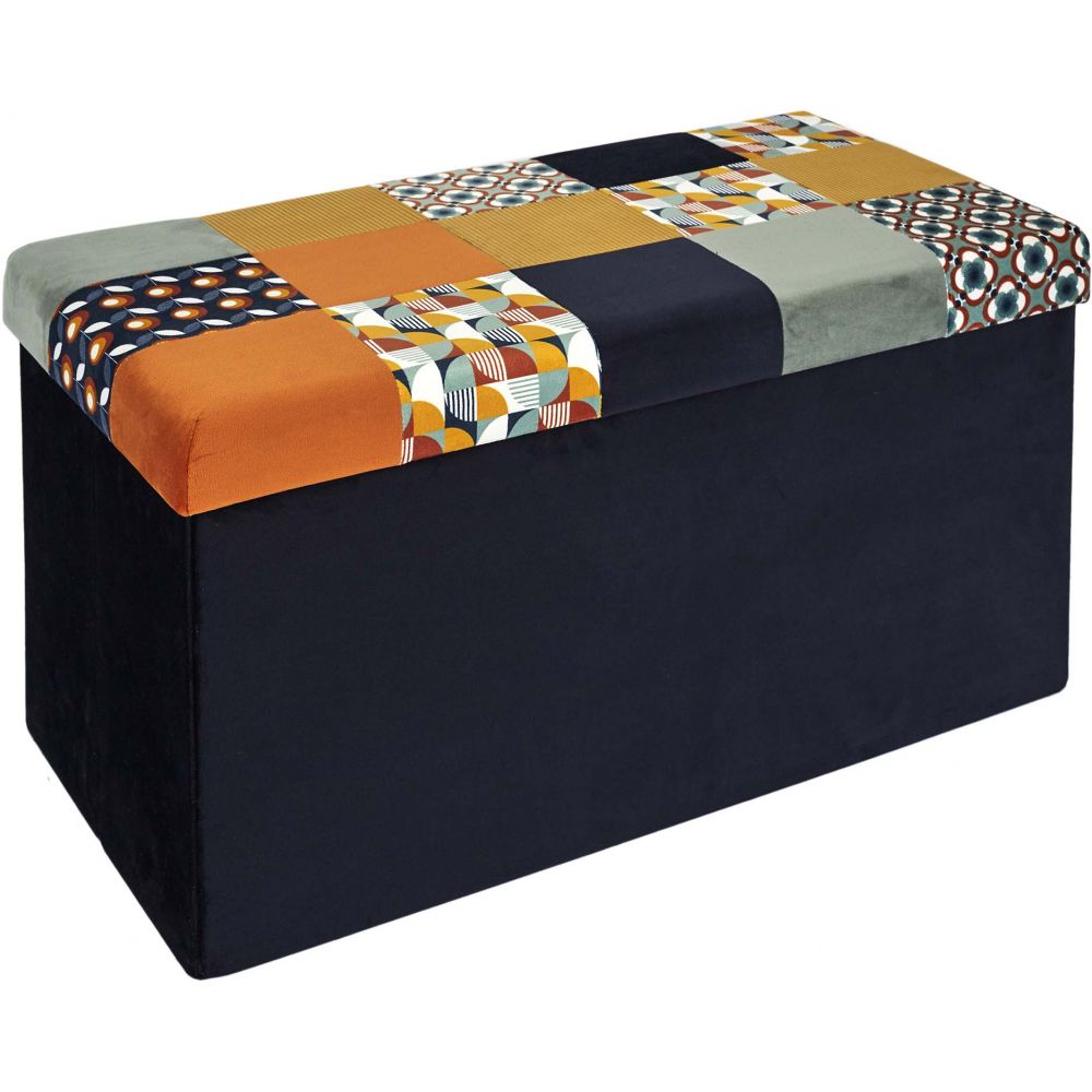 Banc coffre noir pliable couvercle à motifs patchwork orange