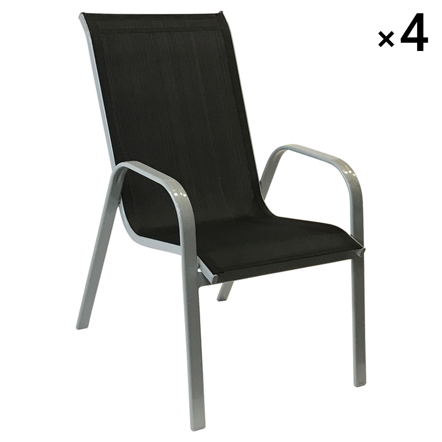 Lot de 4 chaises en textilène noir et aluminium gris