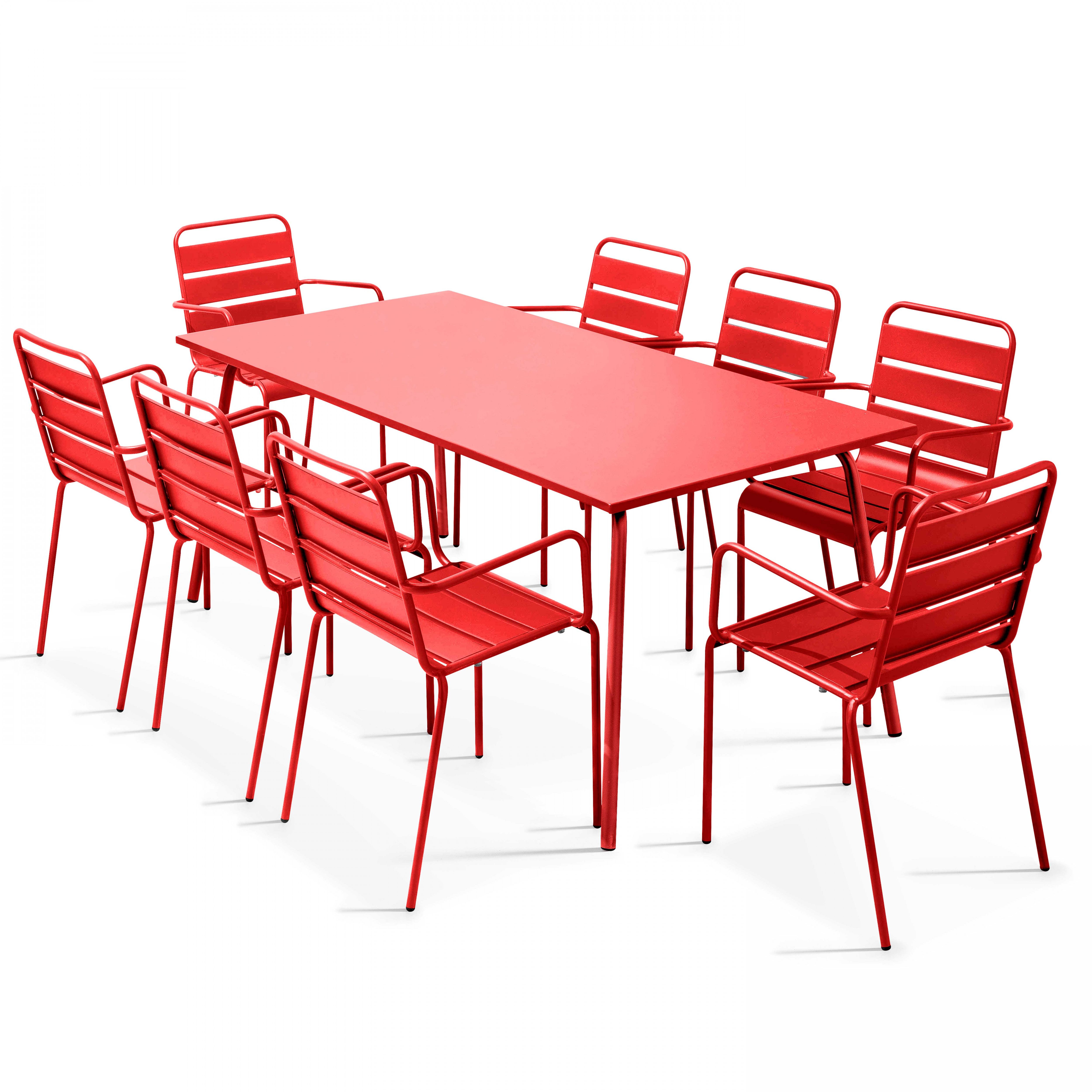 Ensemble table de jardin et 8 fauteuils en métal rouge