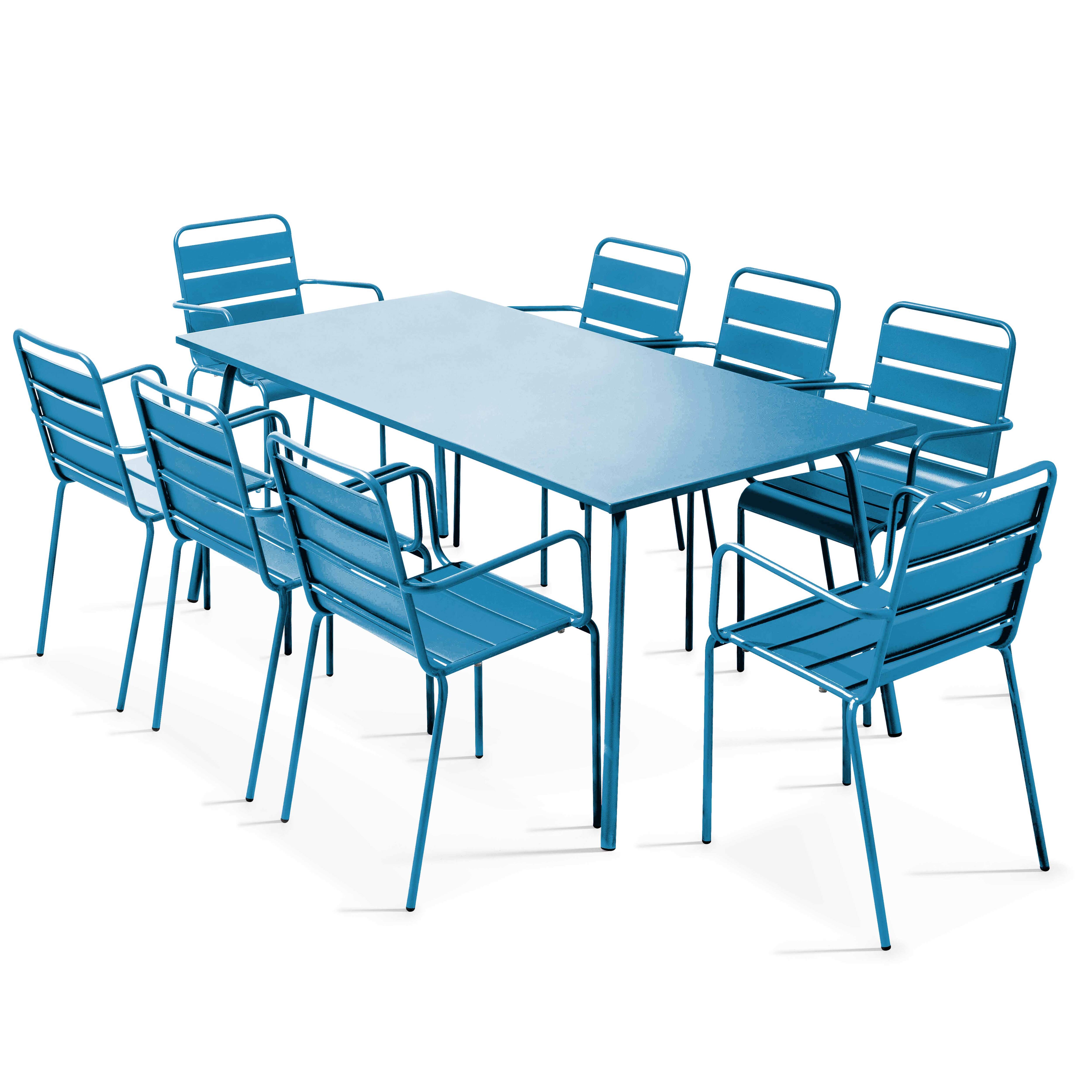 Ensemble table de jardin et 8 fauteuils en métal bleu pacific