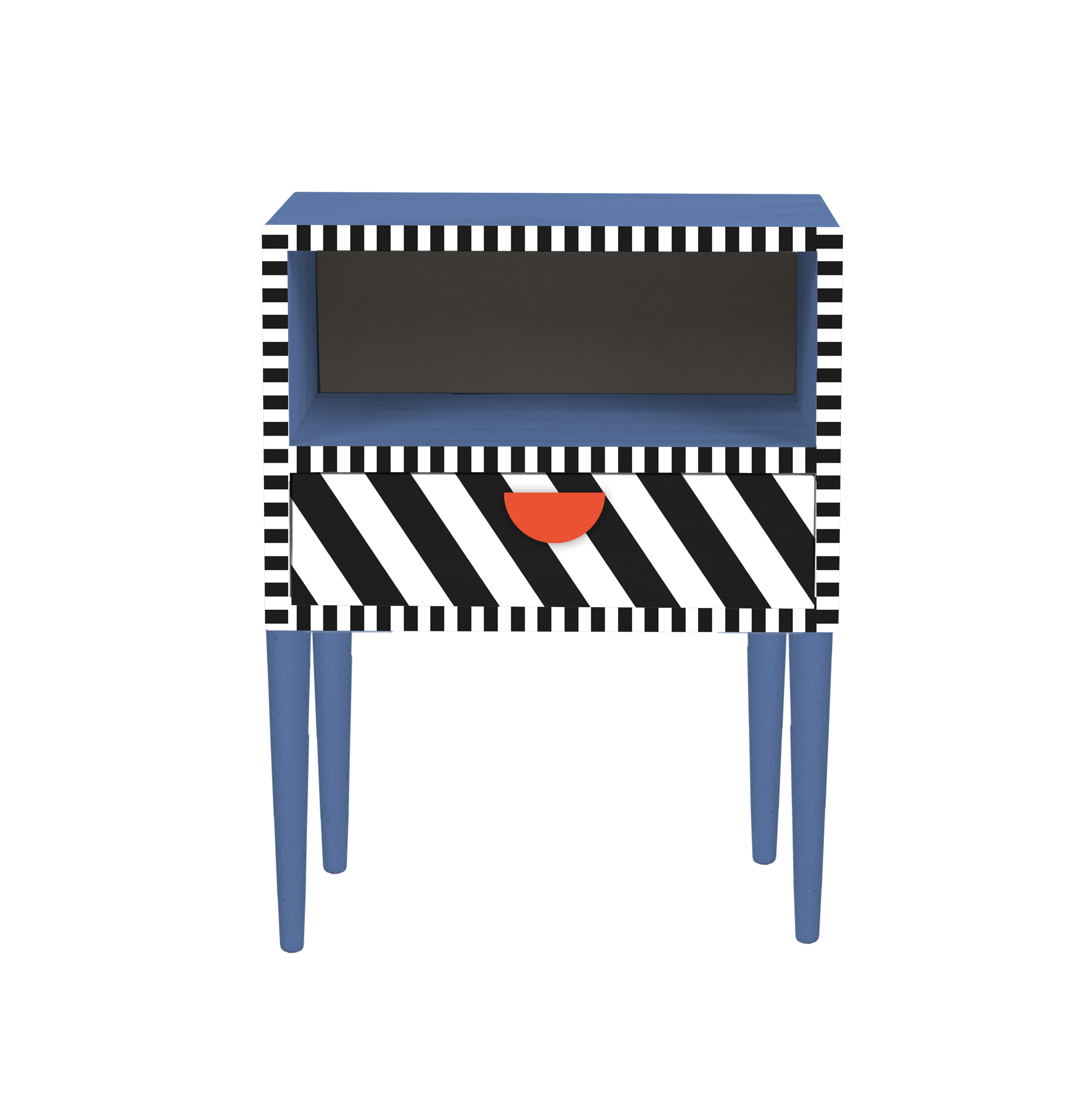 Table chevet 1 tiroir laqué  pin massif bleu  imprimé géométrique.