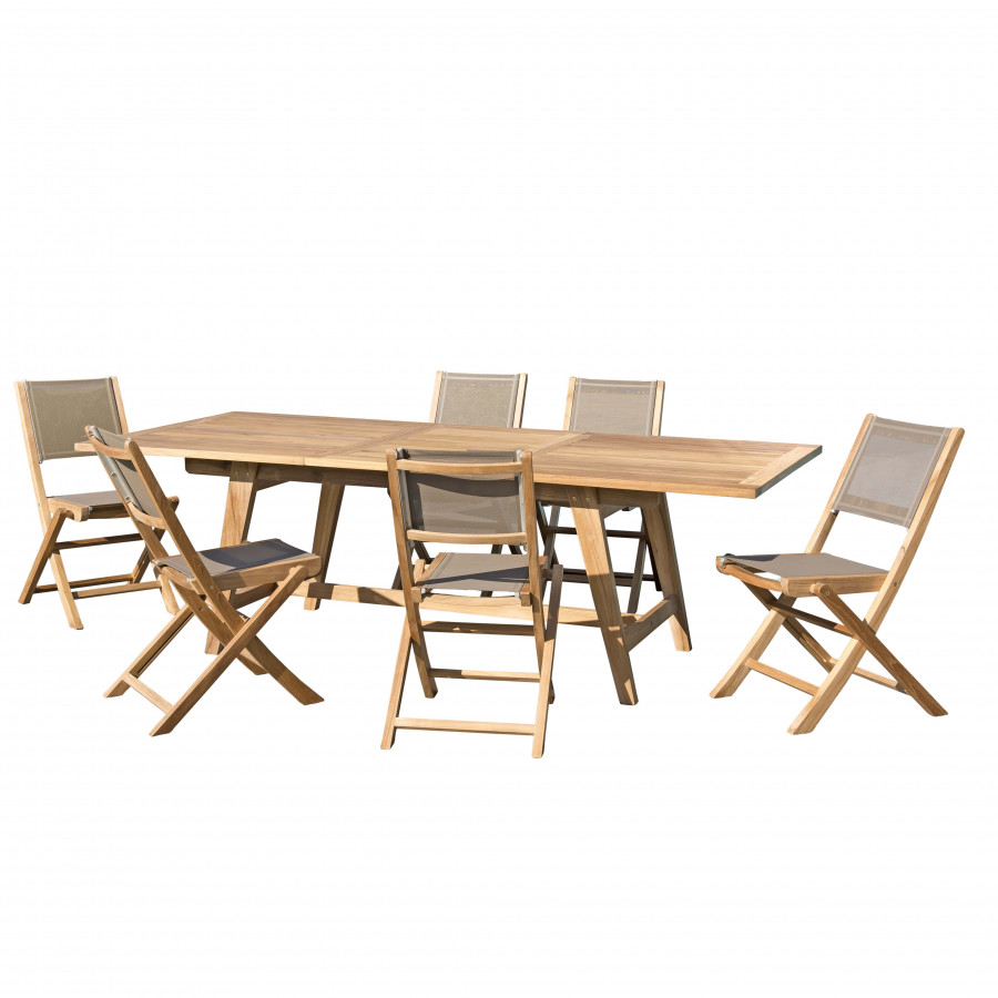 Table de jardin et chaises en teck et textilene 8/10 personnes