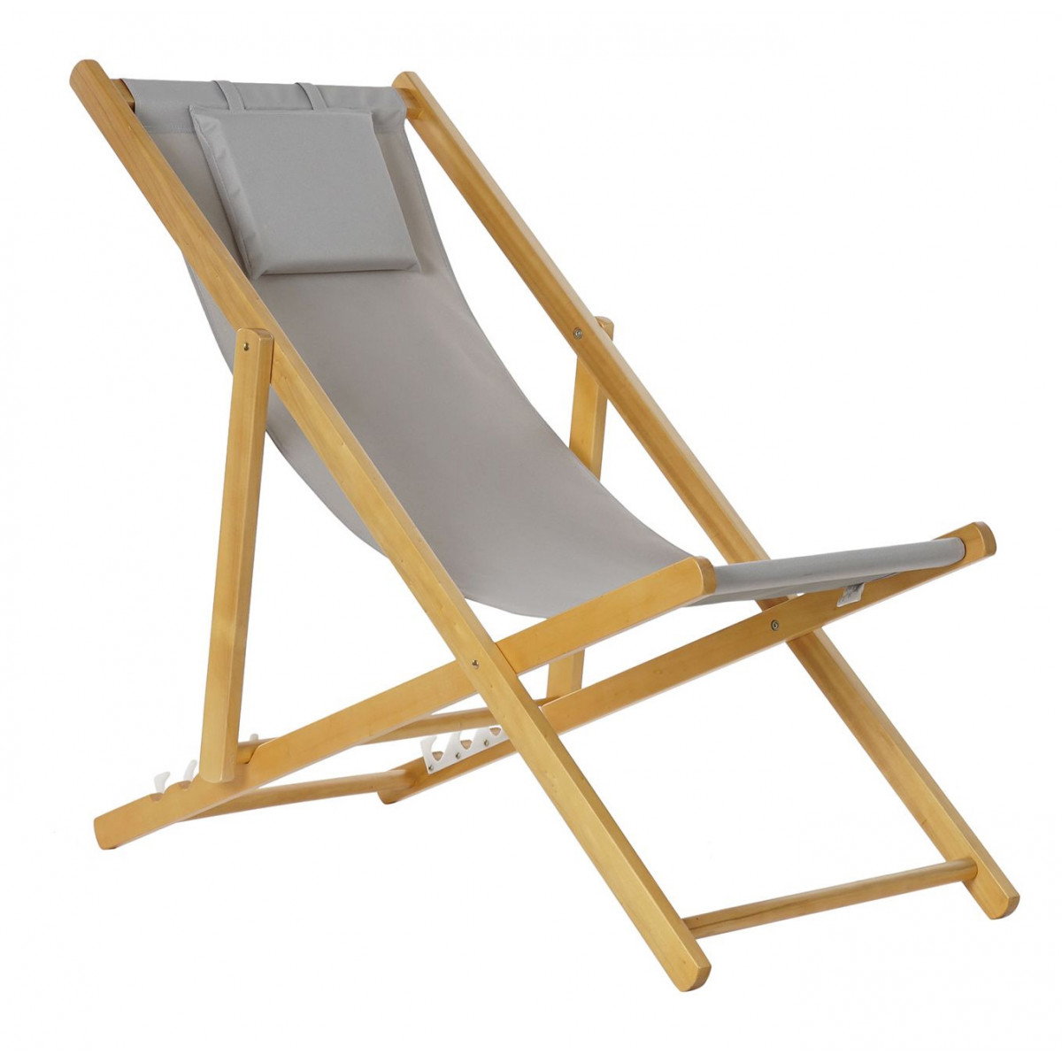 Chaise longue pliante chilienne en bois et tissu gris 57,5x113x77cm