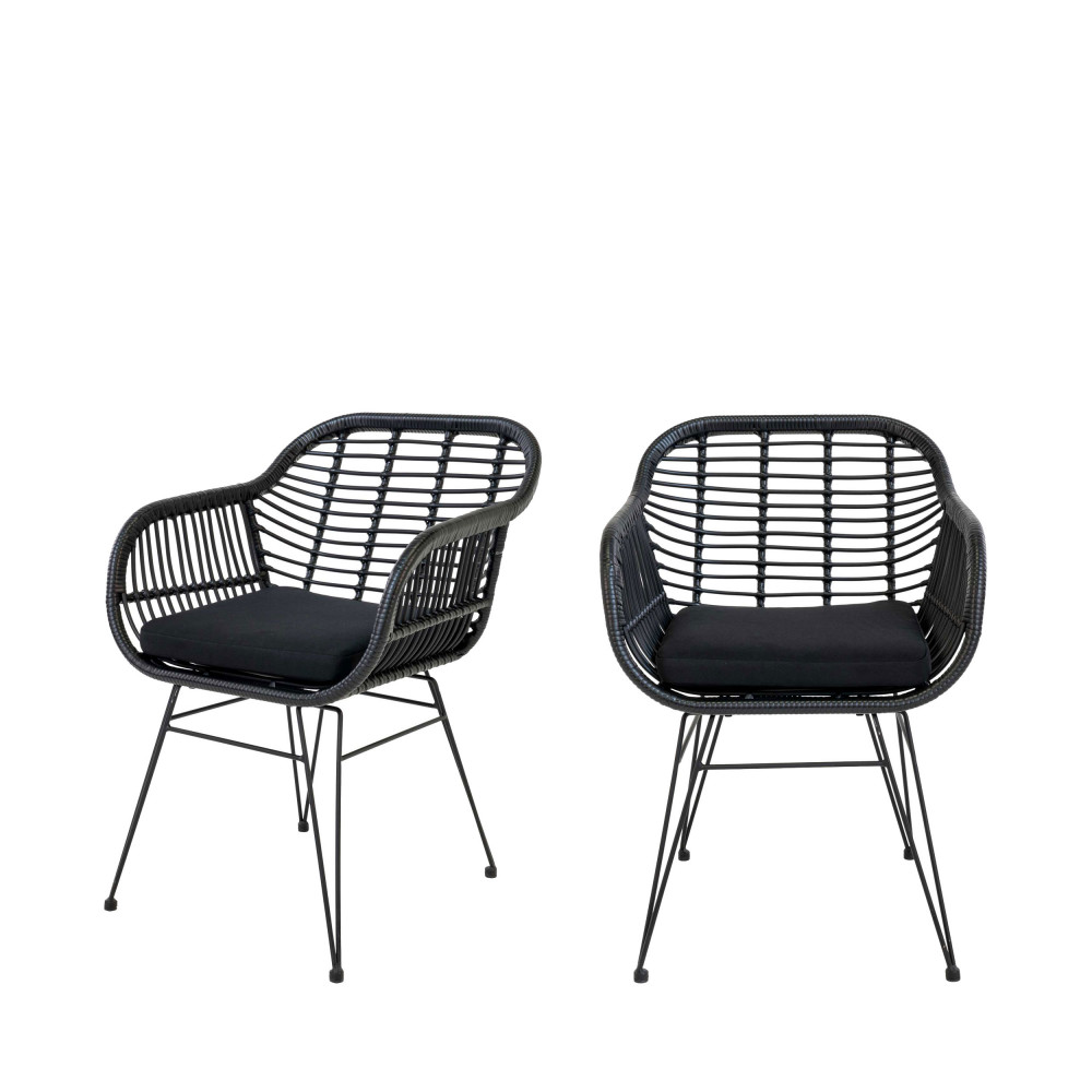 lot de 2 fauteuils indoor/outdoor aspect rotin et métal avec coussin n