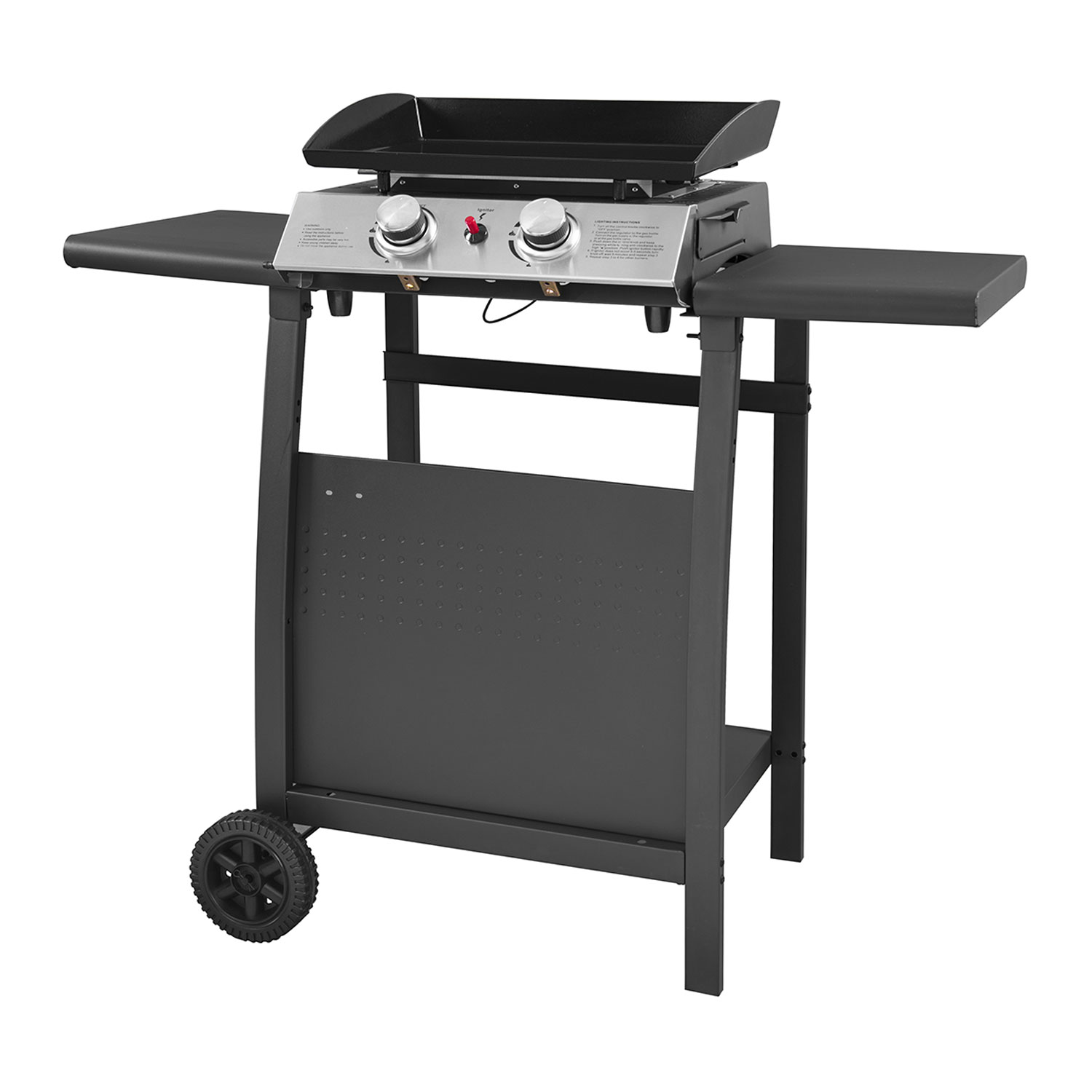 Plancha au gaz 2 brûleurs en acier noire sur chariot