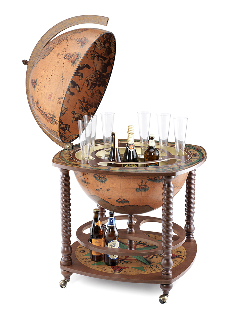 "Grande Globe Bar avec piétement en bois tourné et roues "Caronte"