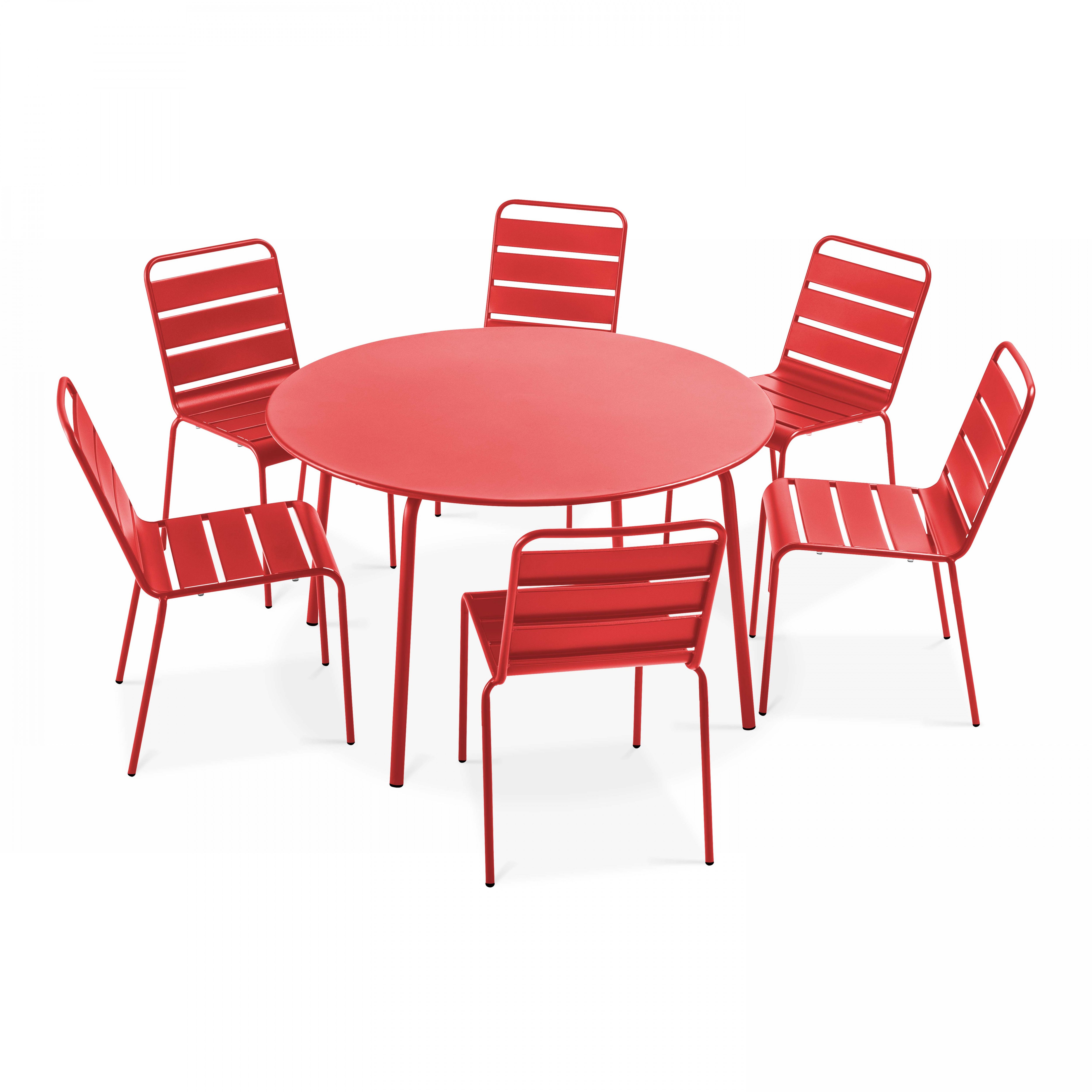 Ensemble table de jardin ronde et 6 chaises en métal rouge