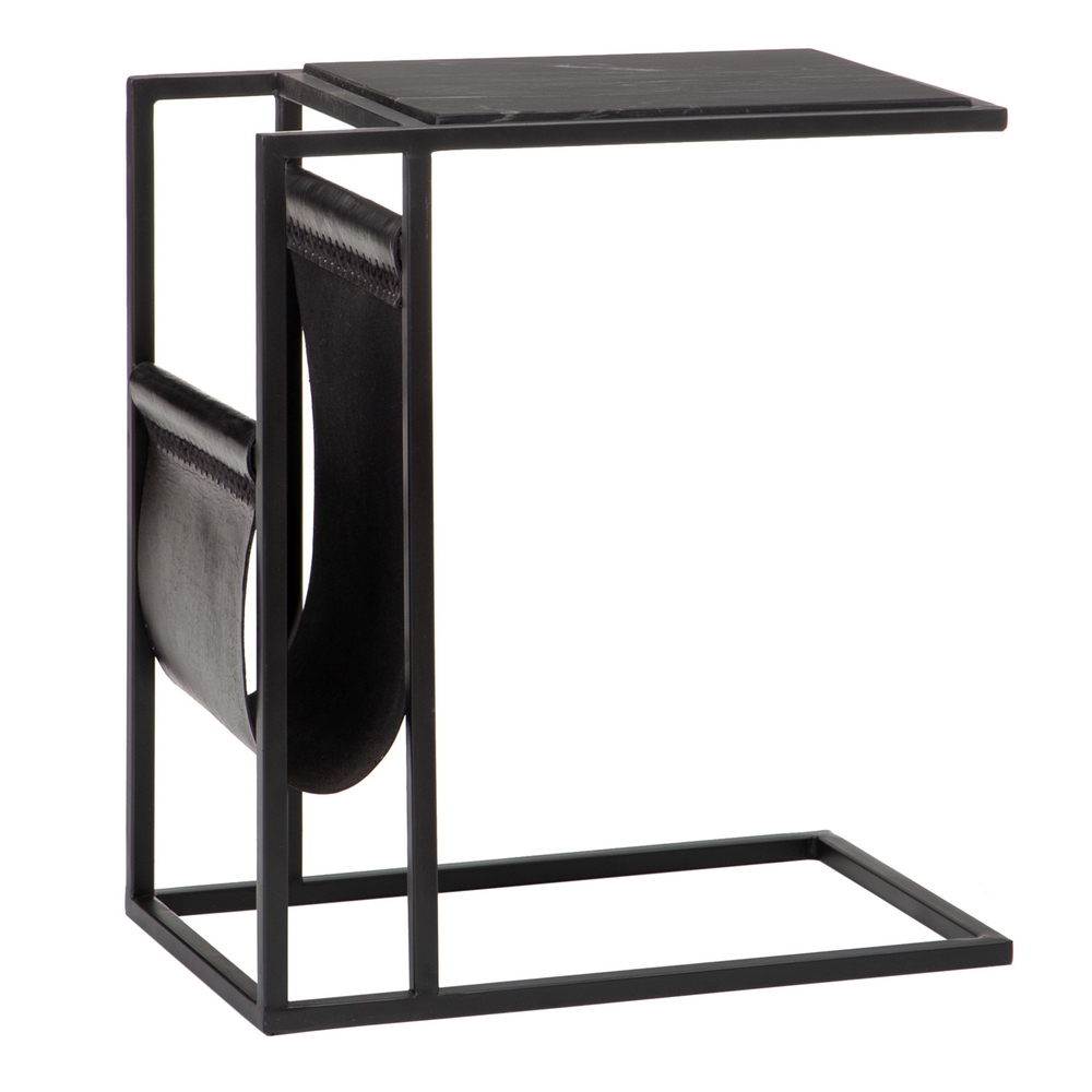 Table auxiliaire,structure métal,marbre avec porte-revues cuir,noir. Table auxiliaire,structure métal,marbre avec porte-revues cuir,noir.