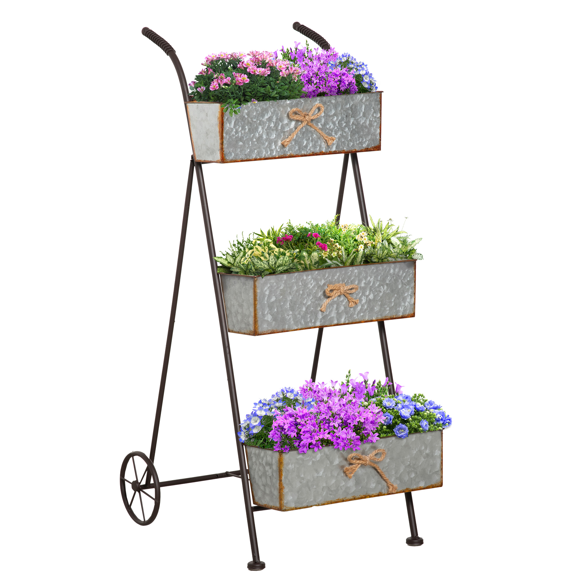 Jardinière chariot sur pied 3 niveaux pliable style rural chic