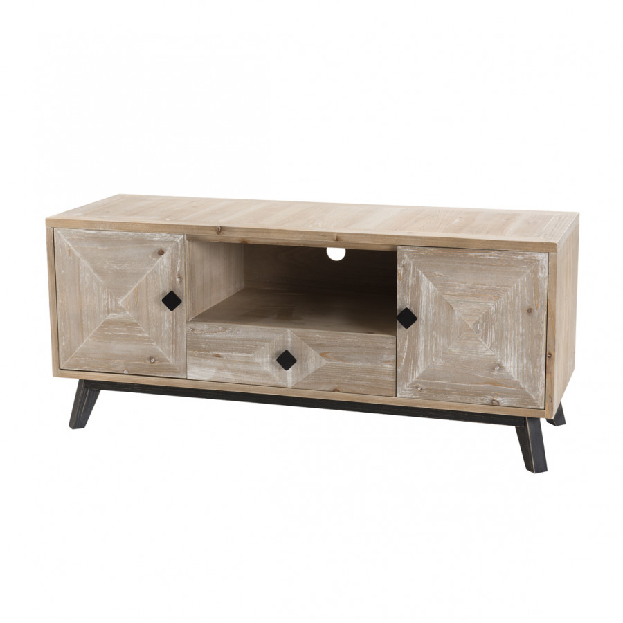 Meuble TV 2 portes 1 tiroir 1 niche beige pieds en sapin noir Meuble TV 2 portes 1 tiroir 1 niche beige pieds en sapin noir