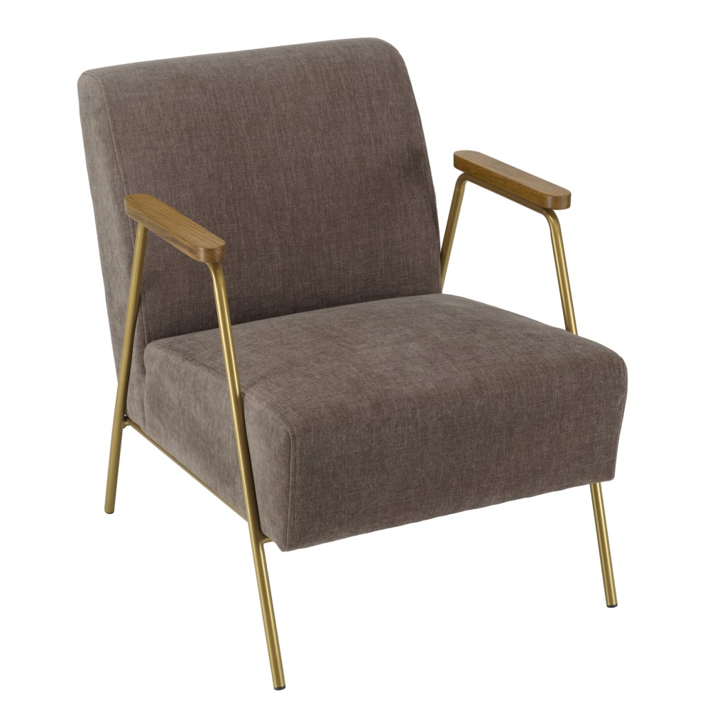 Fauteuil lounge tissu taupe métal doré accoudoirs bois
