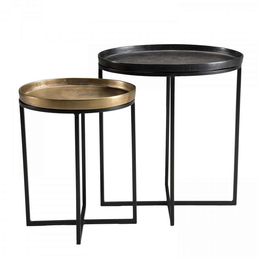 2 tables d'appoint ovales en aluminium doré et métal noir L47