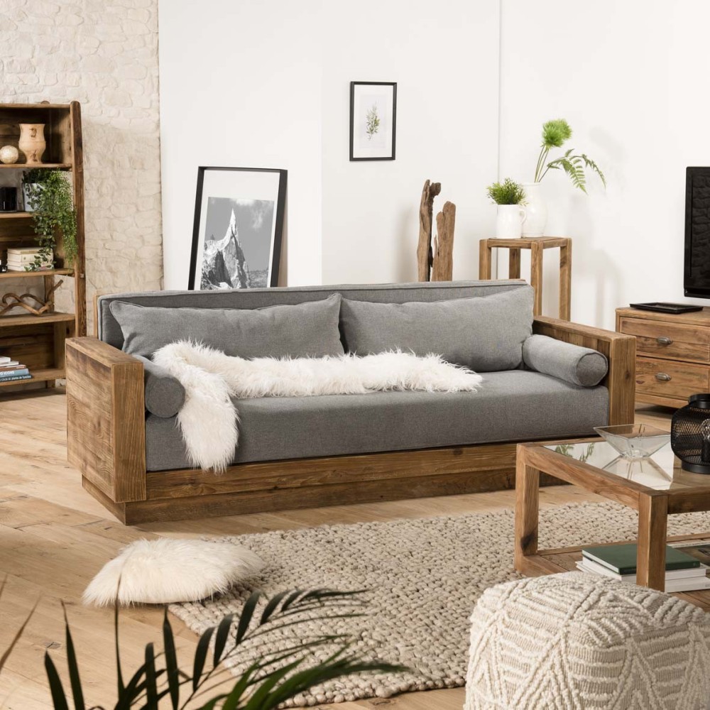 Canapé 3 places bois pin recyclé tissu gris - Vue supplémentaire 2