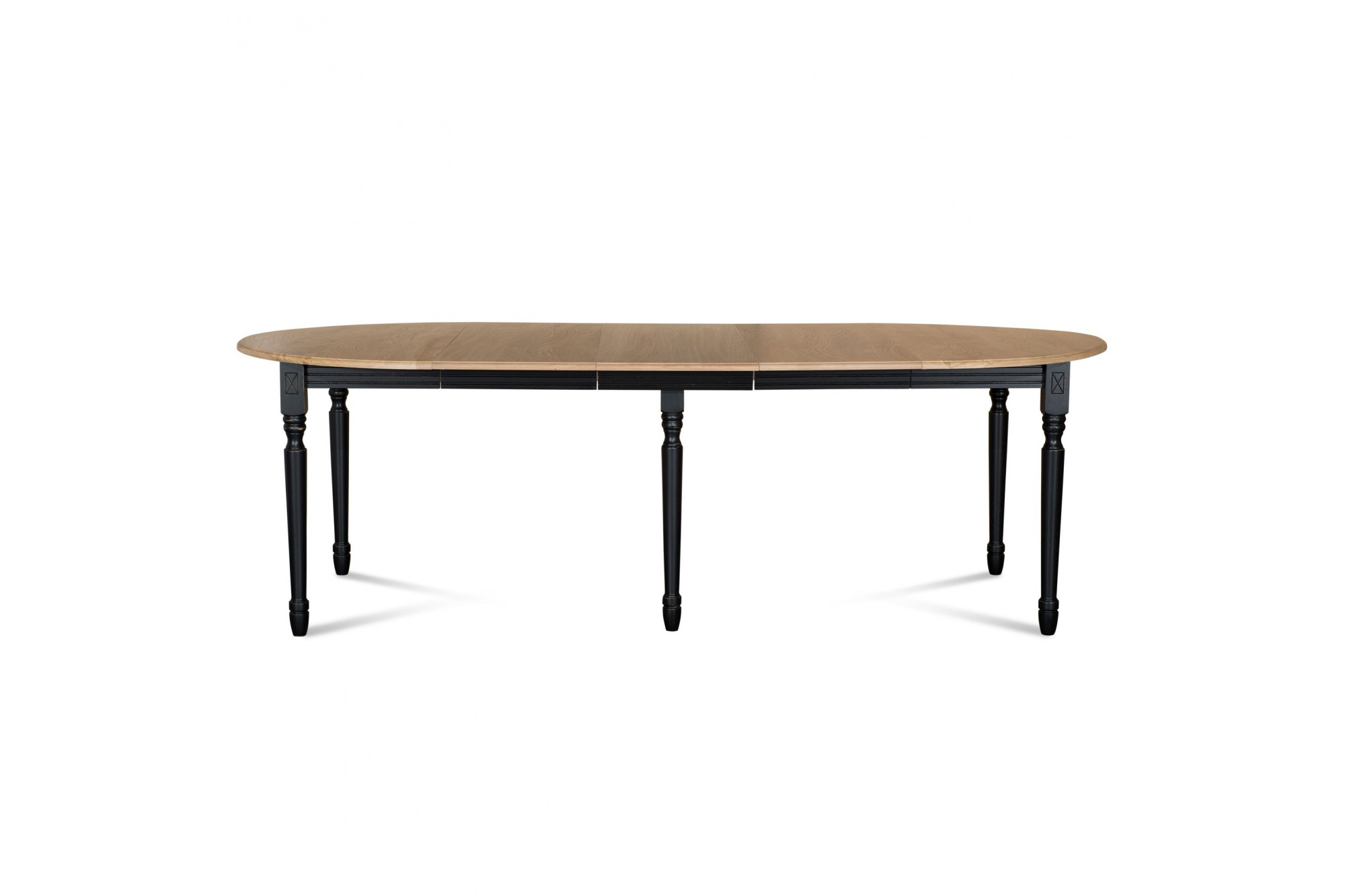 Table ronde 6 pieds tournés 115 cm + 3 rallonges bois
