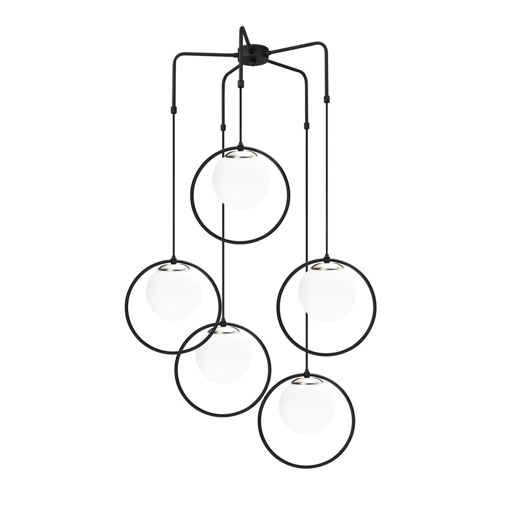 Suspension 5 lumières forme anneau noir avec sphère en verre