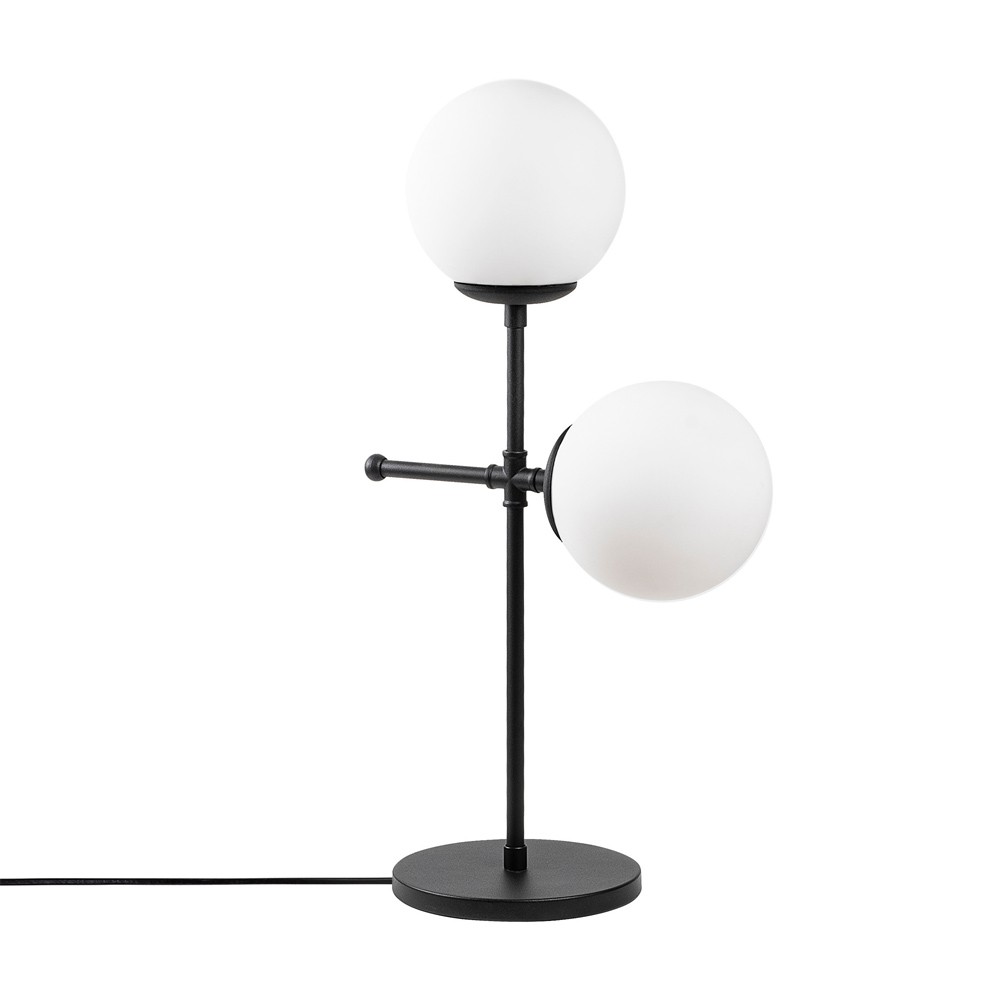lampe de table noire 2 lumières avec sphères en verre blanc