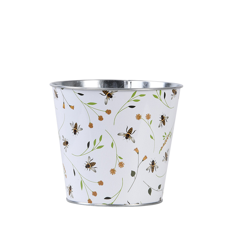 Cache pot blanc en zinc imprimé abeilles 16 cm