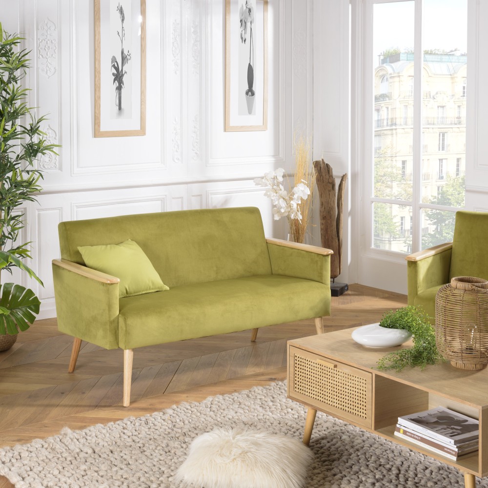 Canapé 2 places velours vert clair pieds et accoudoirs bois - Vue supplémentaire 2