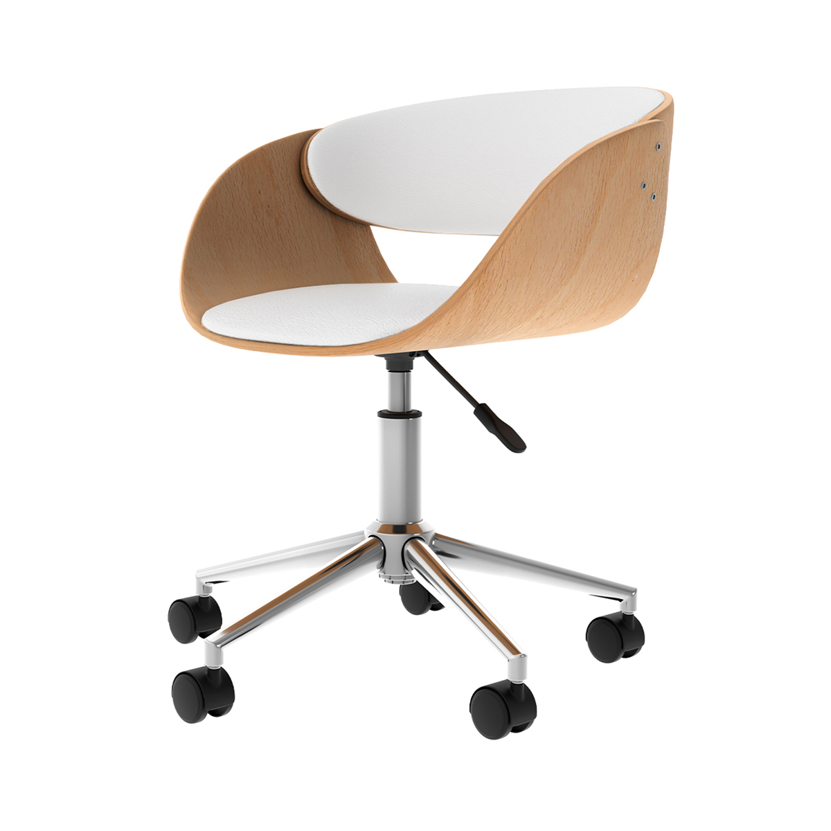 chaise de bureau pivotante sur roulettes en bois et pu blanc