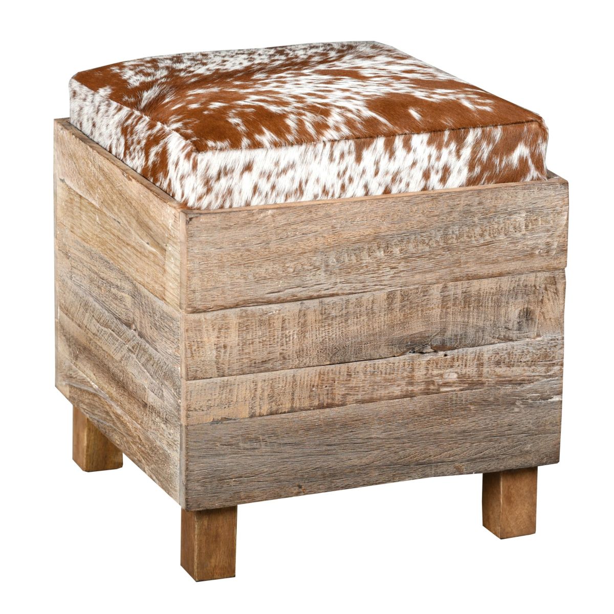 Coffre pouf carré en bois recyclé et peau de vache Coffre pouf carré en bois recyclé et peau de vache
