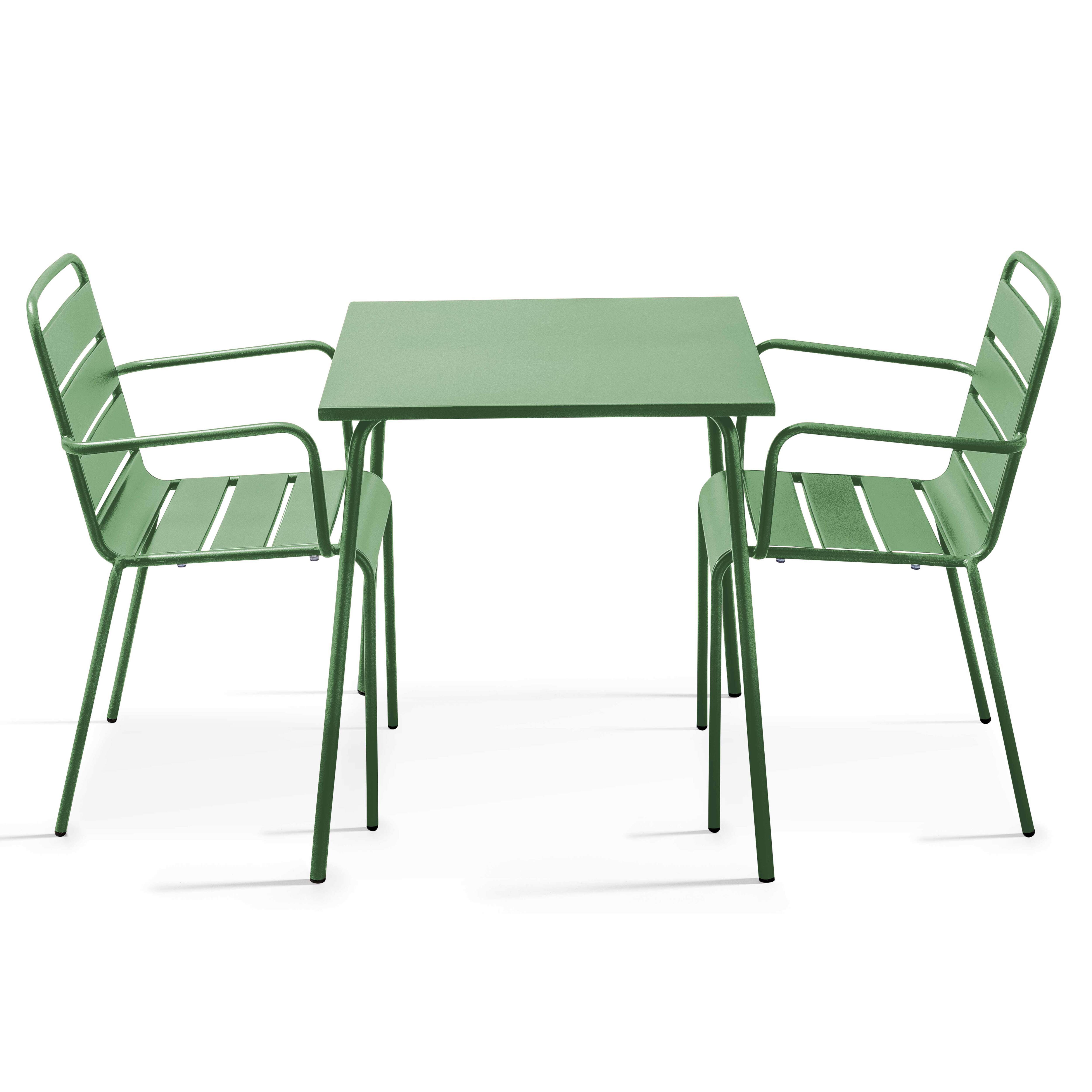 Ensemble table de jardin carrée et 2 fauteuils acier vert cactus