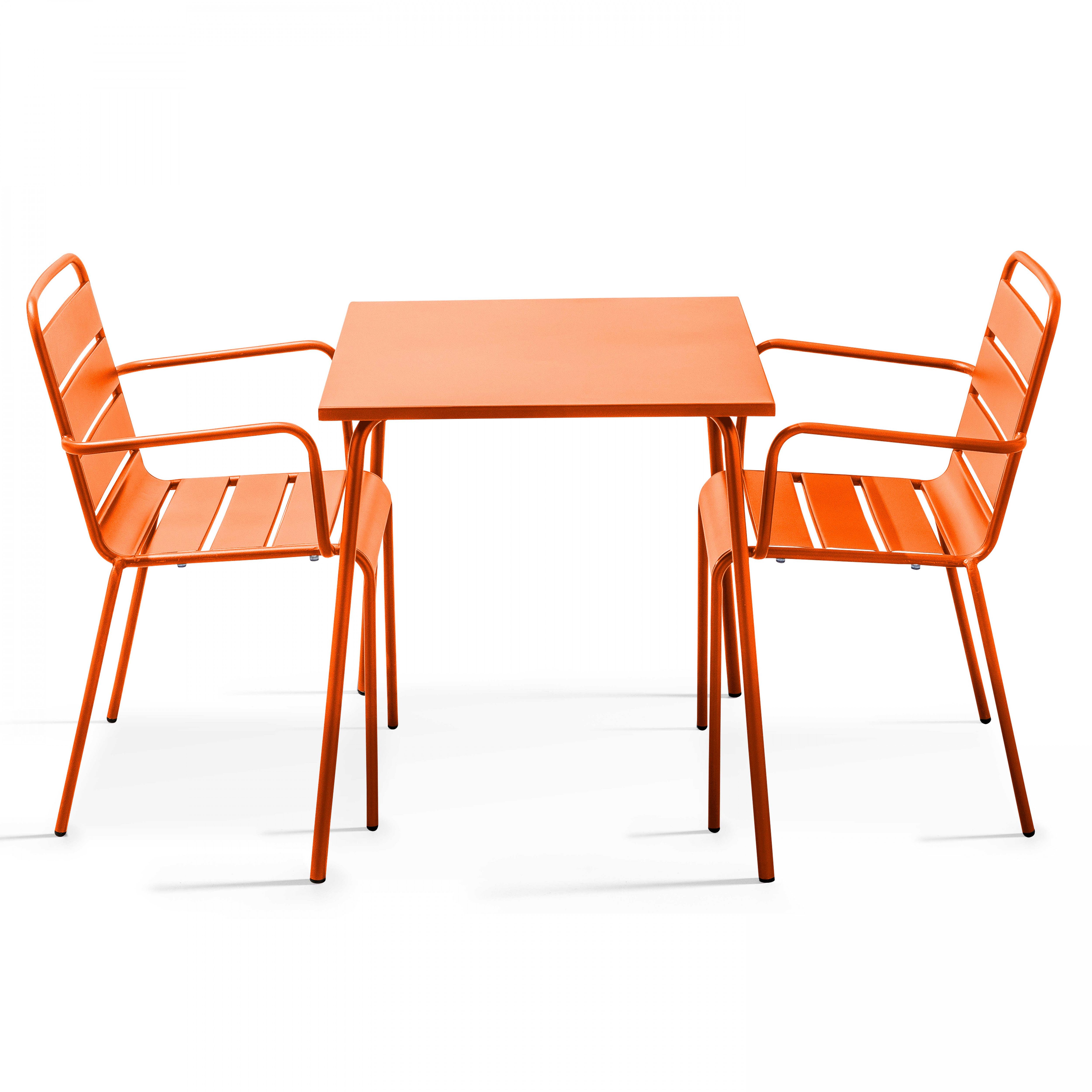 Table de jardin carrée et 2 fauteuils acier orange