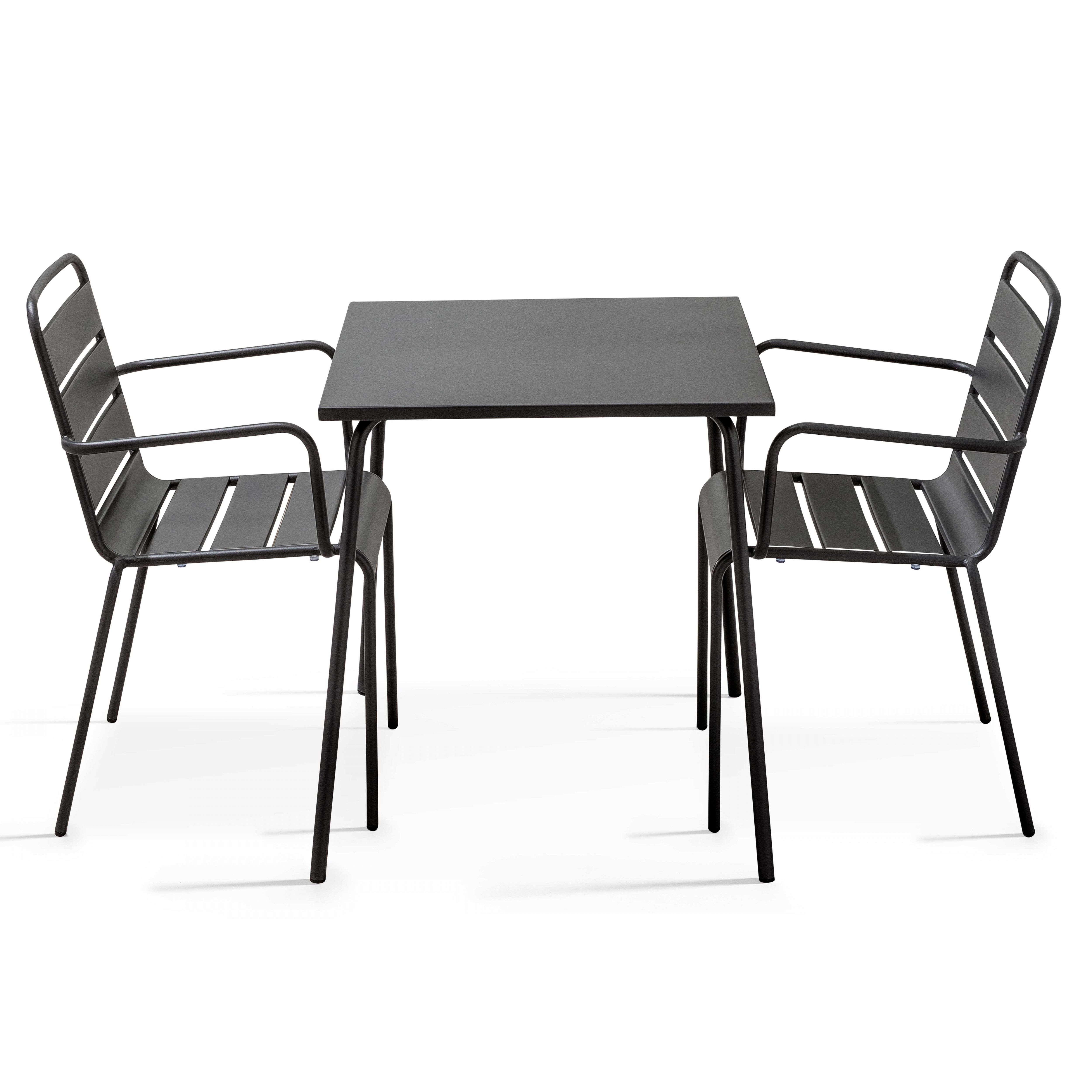 Table de jardin carrée et 2 fauteuils acier gris