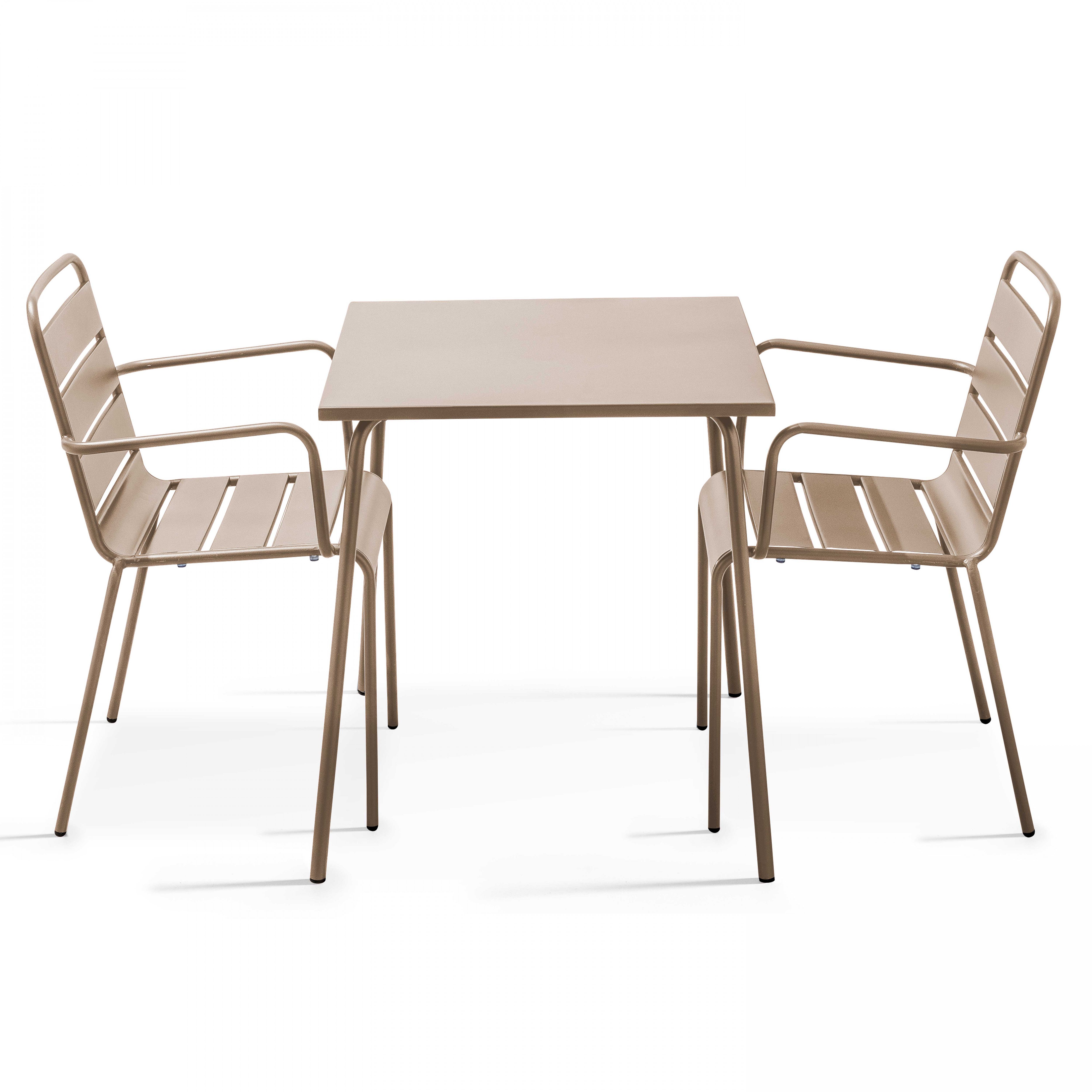 Ensemble table de jardin bistrot et 2 fauteuils acier taupe