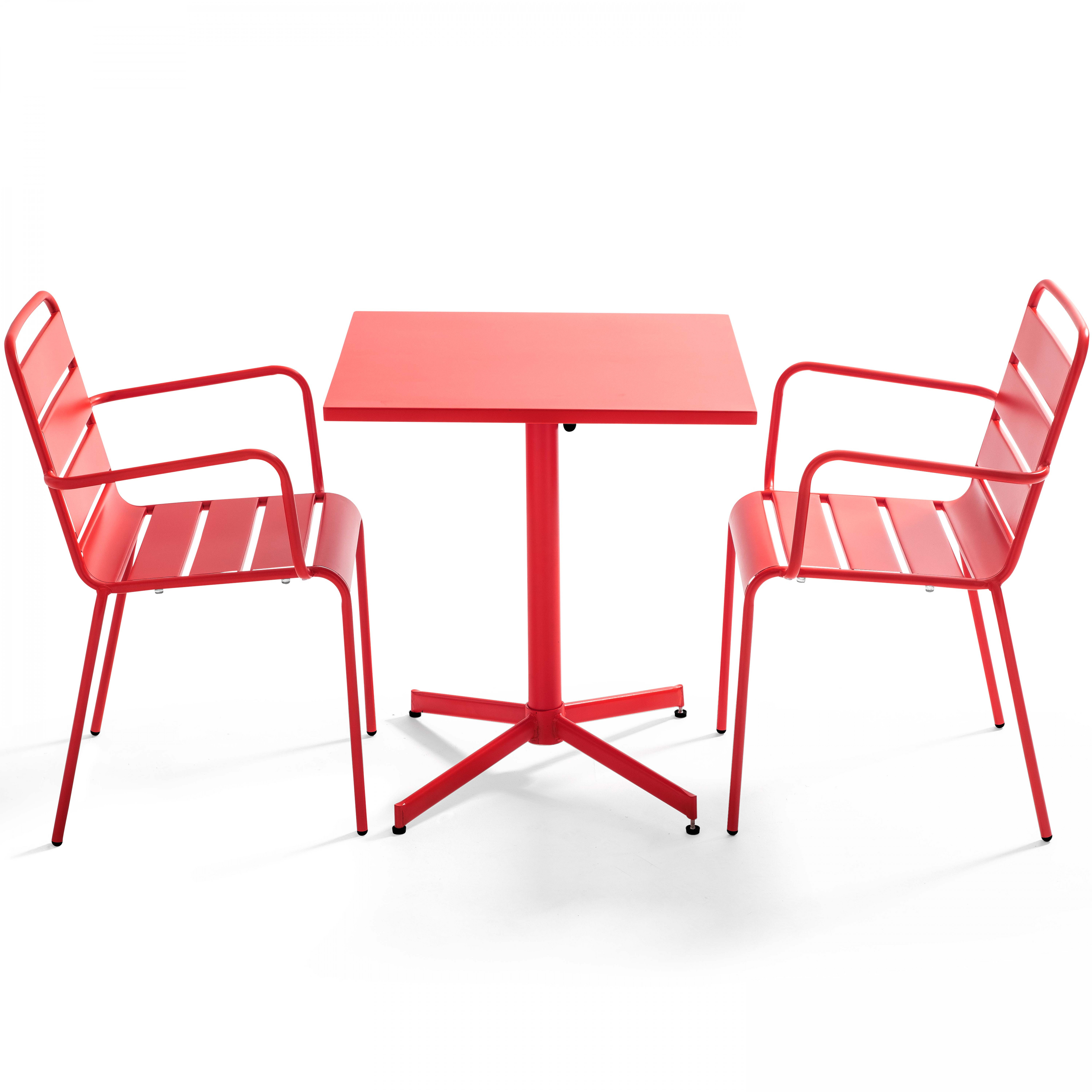 Table de jardin carrée et 2 fauteuils métal rouge