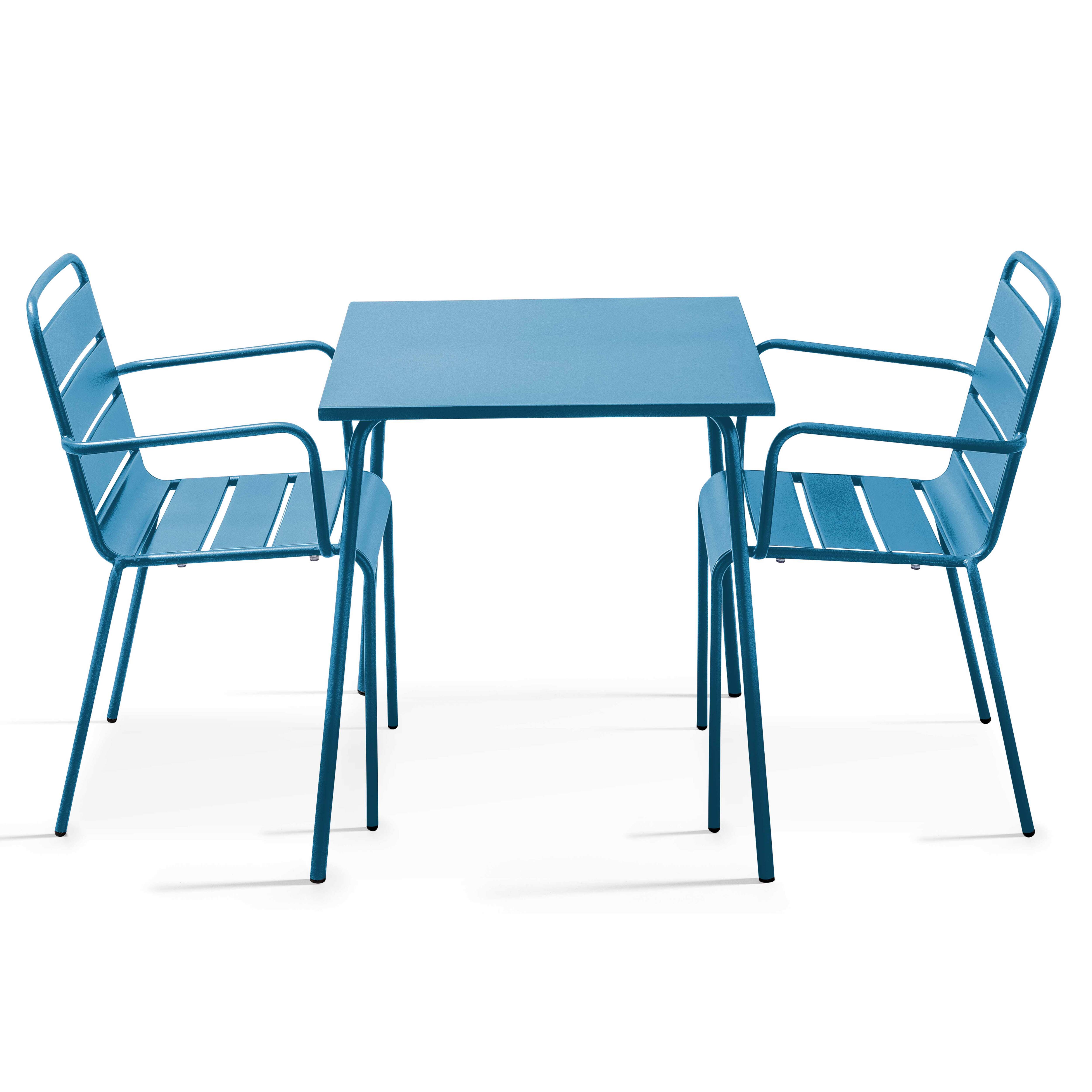 Ensemble table de jardin carrée et 2 fauteuils acier bleu pacific