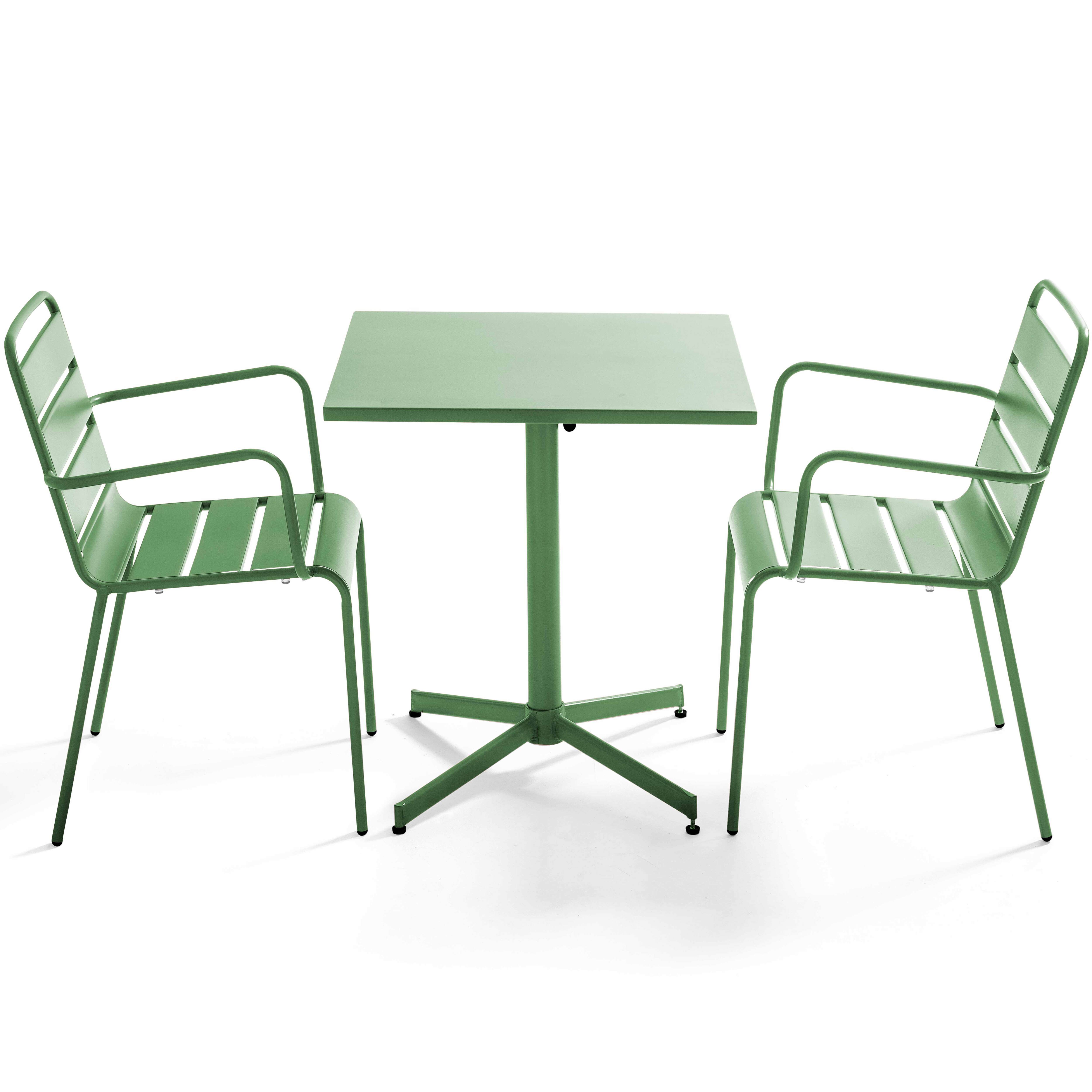 Ensemble table de jardin carrée et 2 fauteuils métal vert cactus